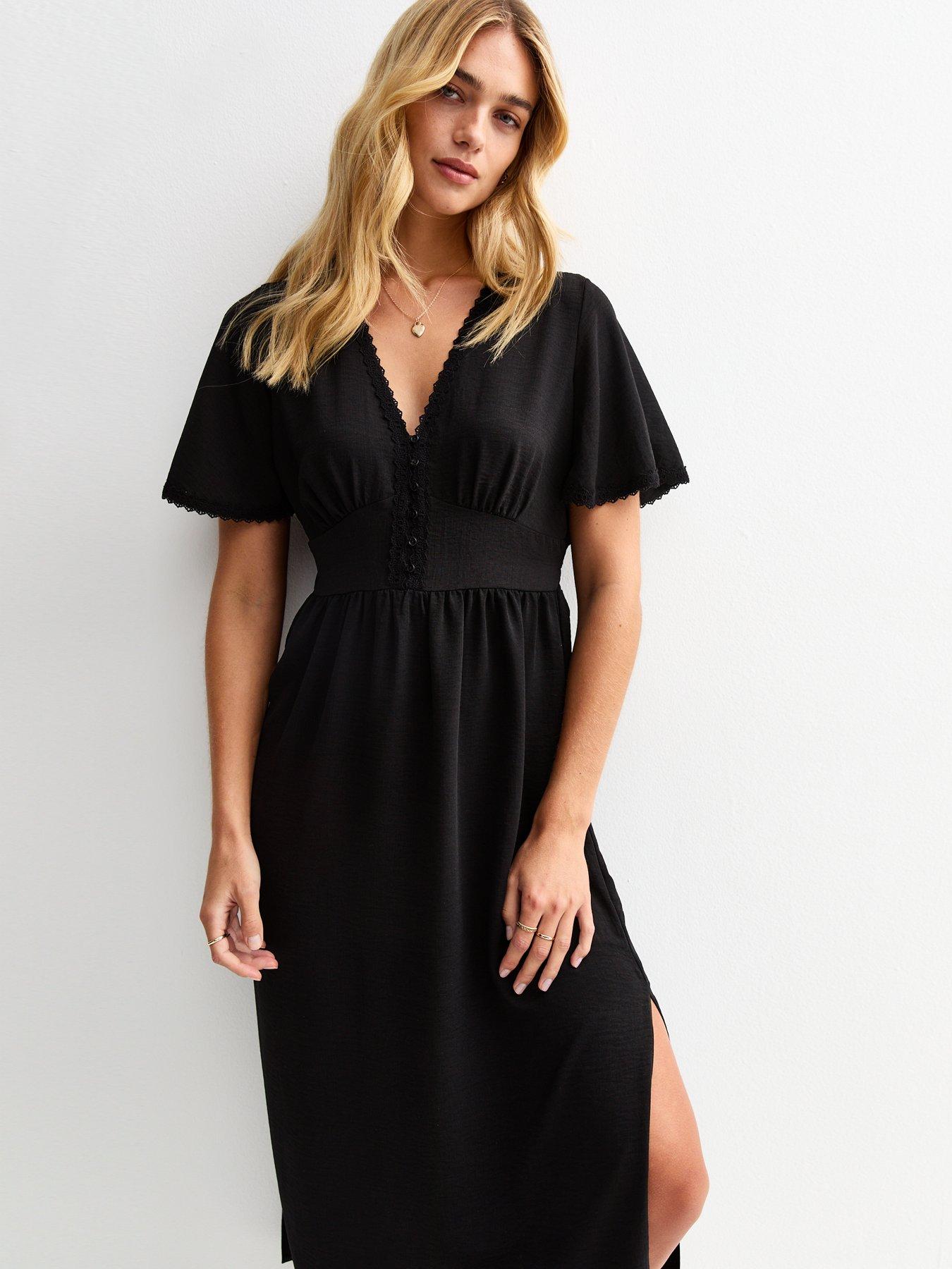 Image 3 of 5 of New Look Black Lace Trim Button Through Midi Dress