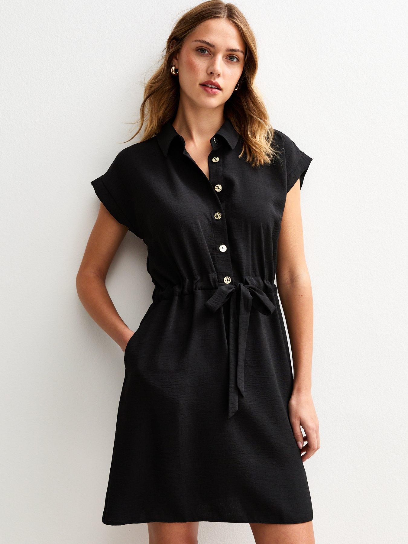 New Look Black Drawstring Waist Short Sleeve Mini Shirt Dress
