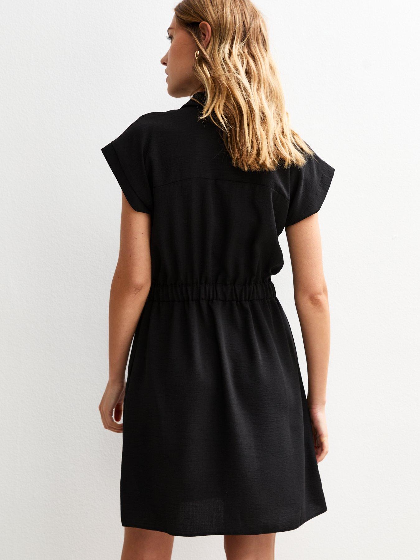 Image 2 of 5 of New Look Black Drawstring Waist Short Sleeve Mini Shirt Dress