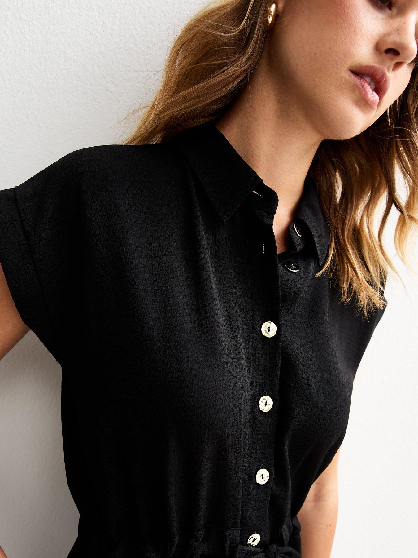Image 4 of 5 of New Look Black Drawstring Waist Short Sleeve Mini Shirt Dress