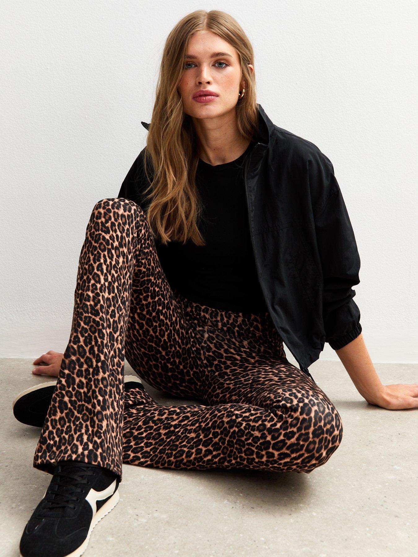 Image 3 of 4 of New Look Leopard Print Jersey Kick Flare Leggings - Brown