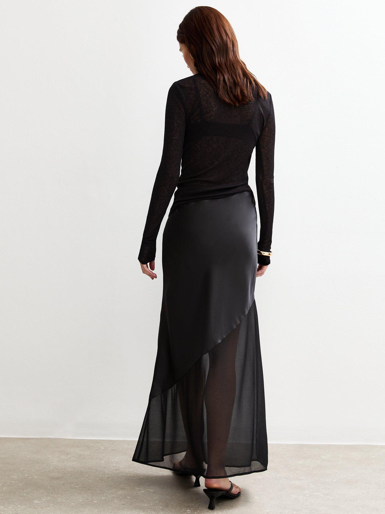Image 2 of 5 of New Look Black Asymmetric Panelled Satin And Chiffon Midi Skirt