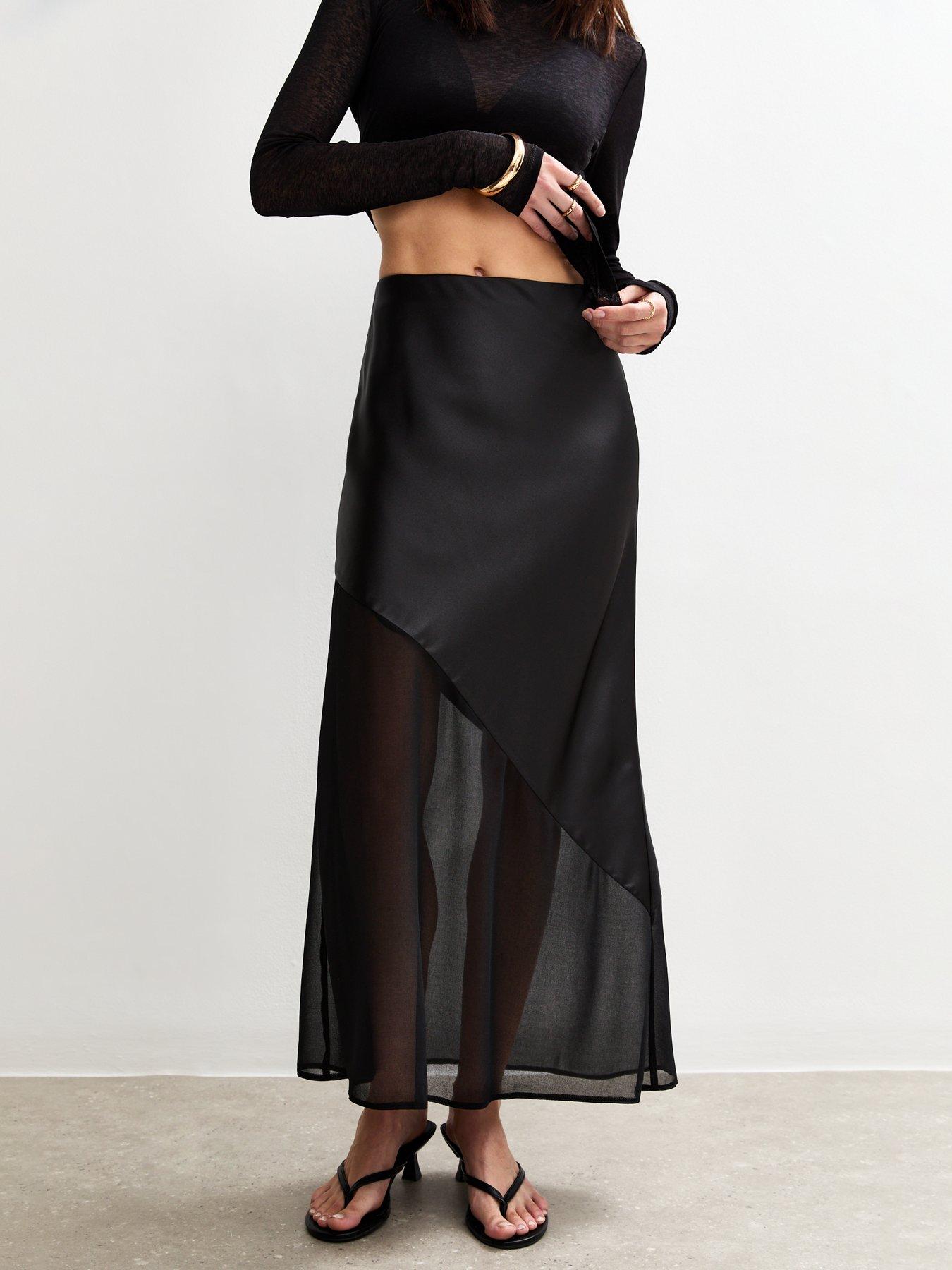 Image 3 of 5 of New Look Black Asymmetric Panelled Satin And Chiffon Midi Skirt