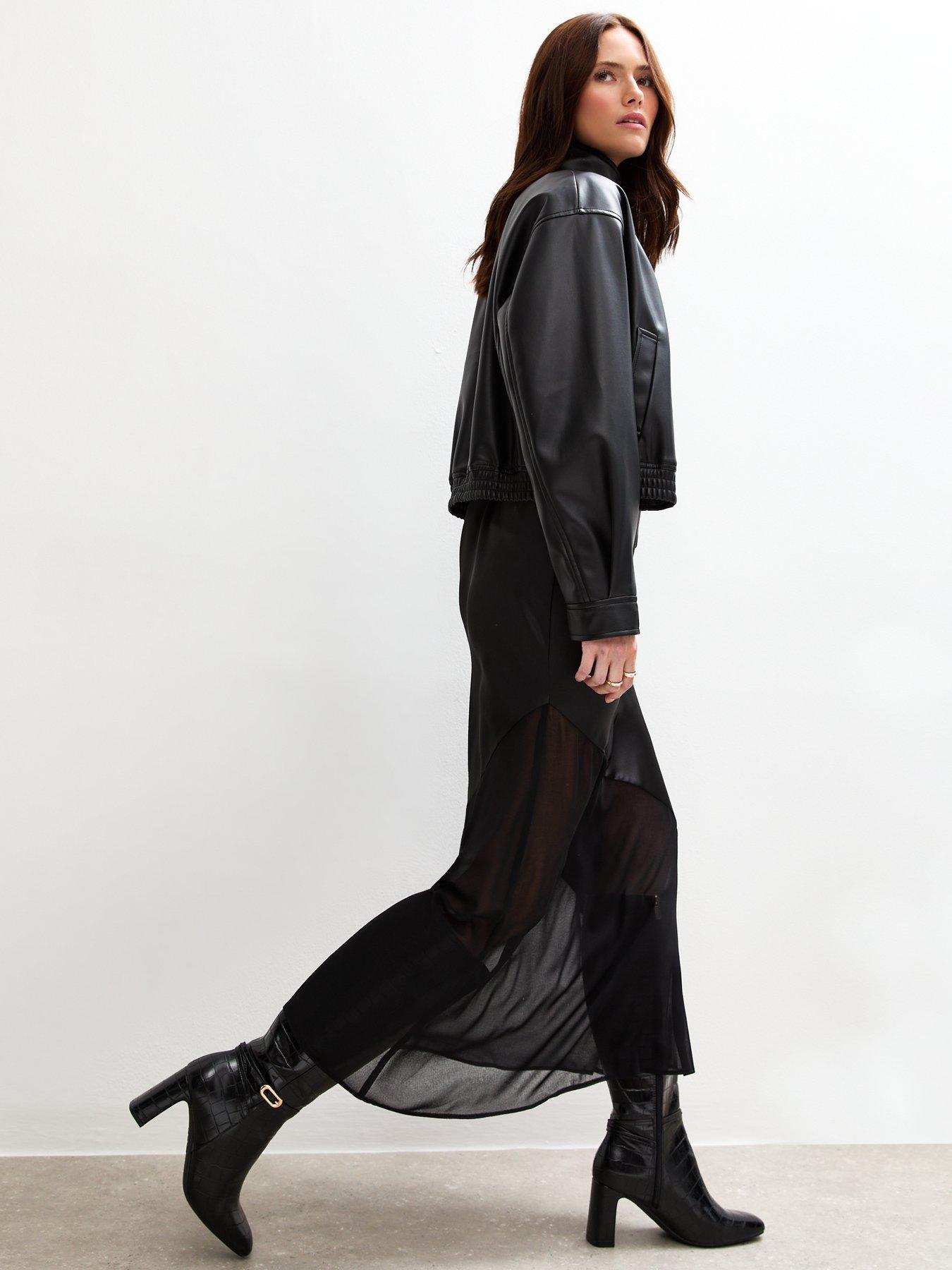 Image 4 of 5 of New Look Black Asymmetric Panelled Satin And Chiffon Midi Skirt