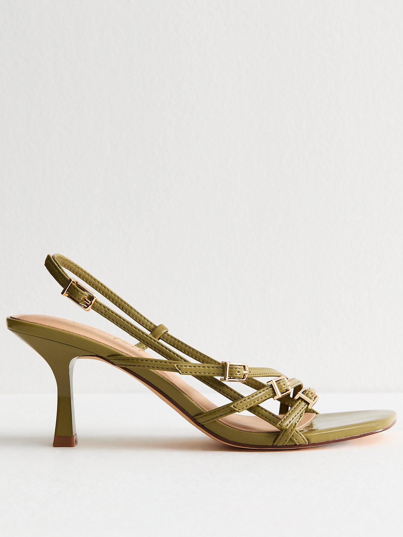 undefined Khaki Asymmetric Strap Stiletto Heel Sandals - Green