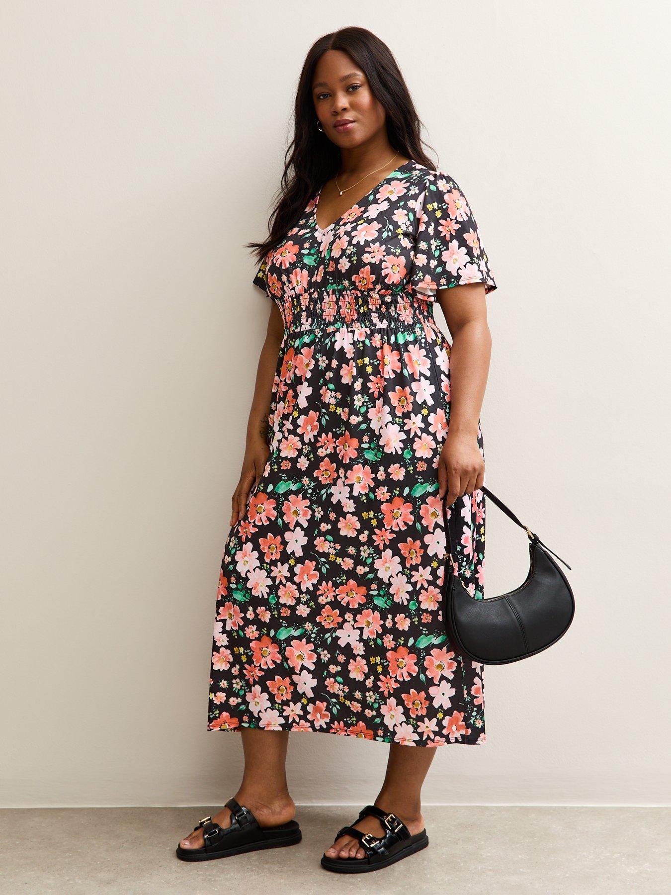 Image 3 of 5 of New Look Floral Ange Sleeve Midi Dress - Multi