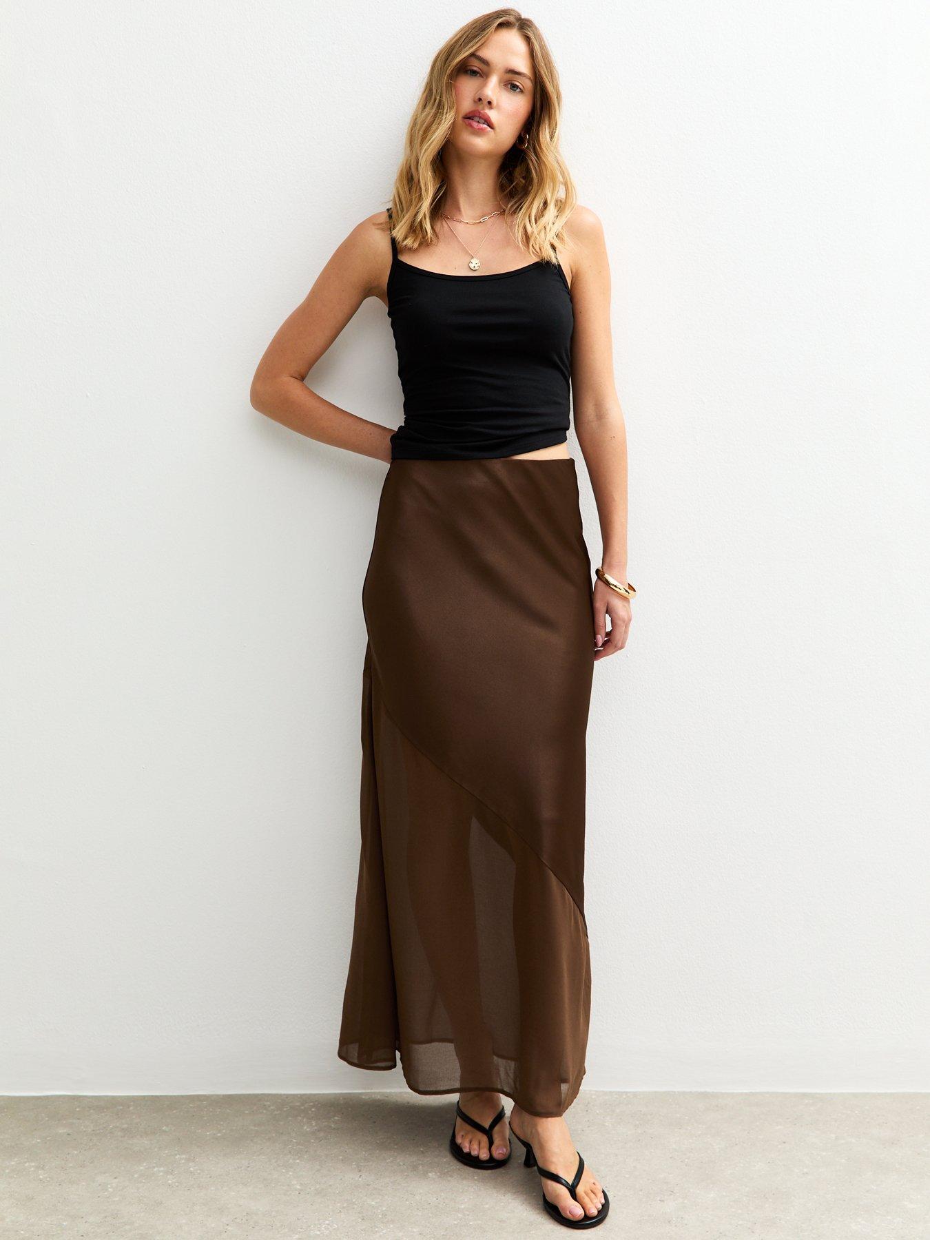 Image 3 of 5 of New Look Brown Asymmetric Panelled Satin And Chiffon Midi Skirt
