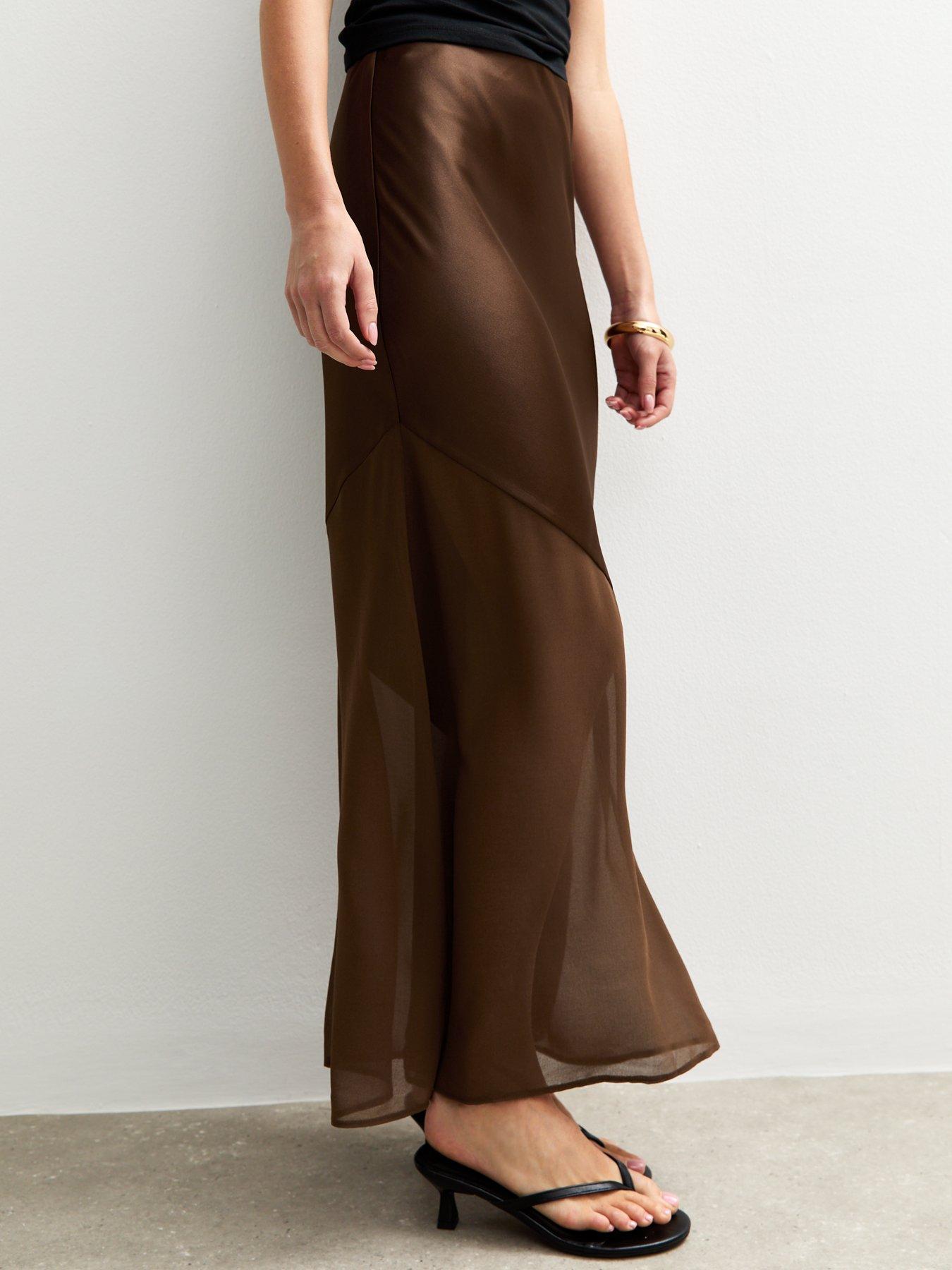 Image 4 of 5 of New Look Brown Asymmetric Panelled Satin And Chiffon Midi Skirt