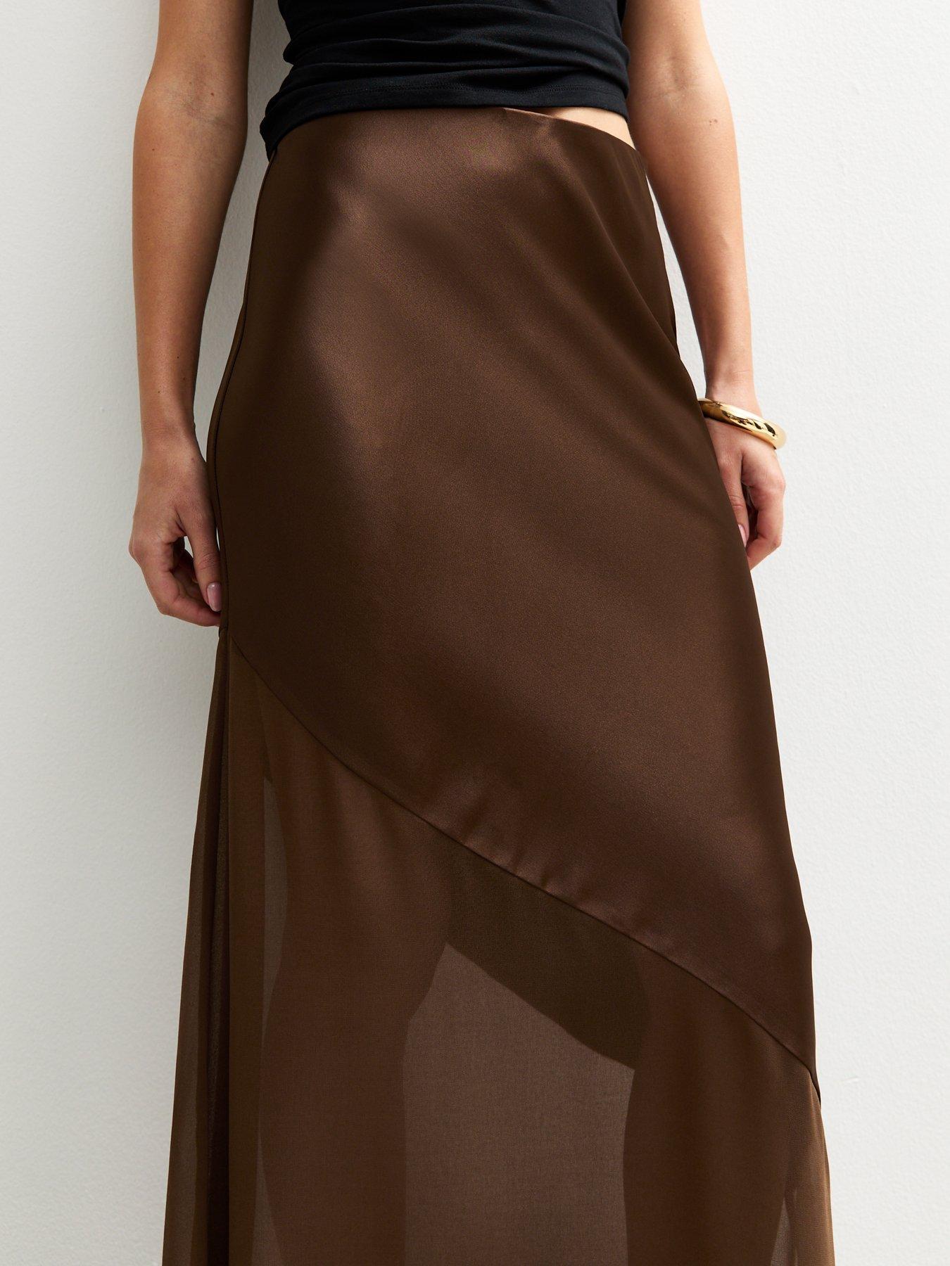 Image 5 of 5 of New Look Brown Asymmetric Panelled Satin And Chiffon Midi Skirt