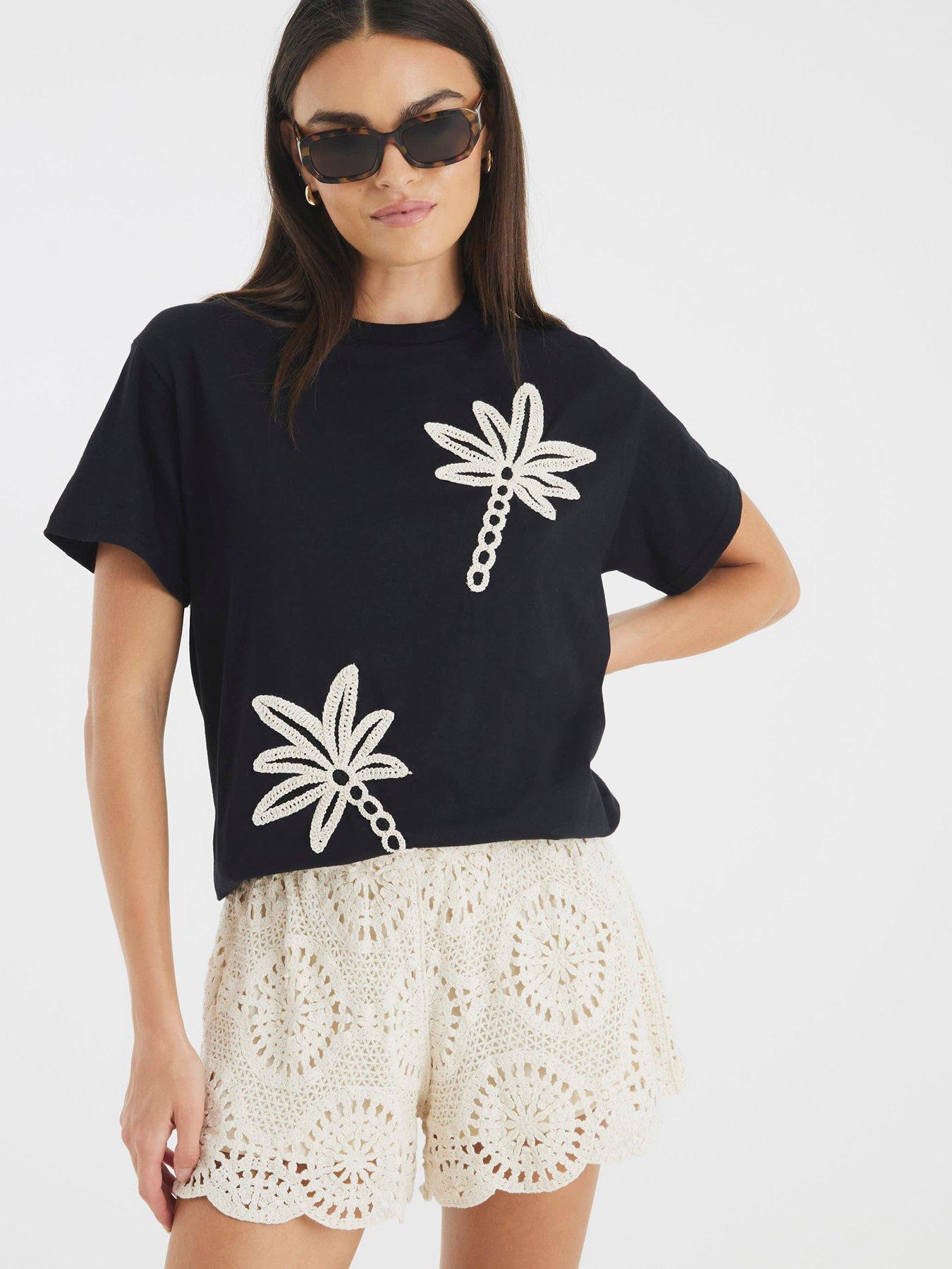 undefined Short Sleeve Palm Tree Crochet Tee - Black