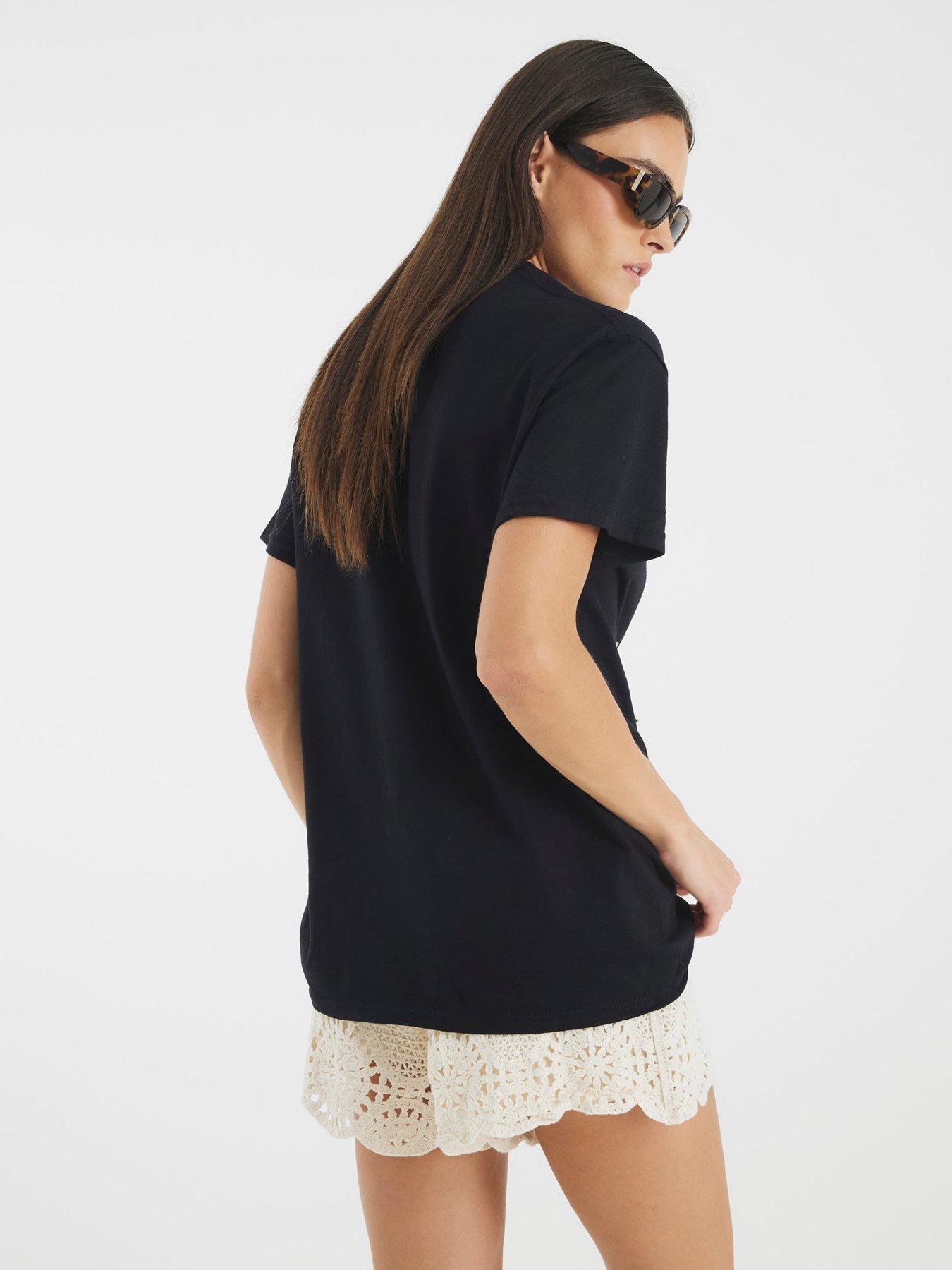 Image 2 of 4 of River Island Short Sleeve Palm Tree Crochet Tee - Black