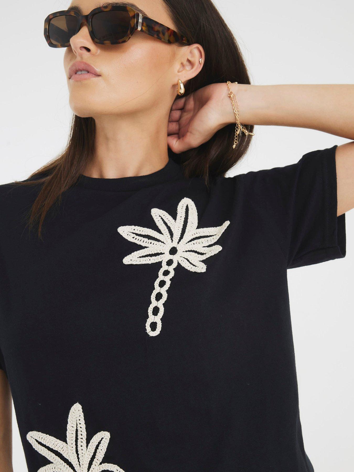 Image 4 of 4 of River Island Short Sleeve Palm Tree Crochet Tee - Black