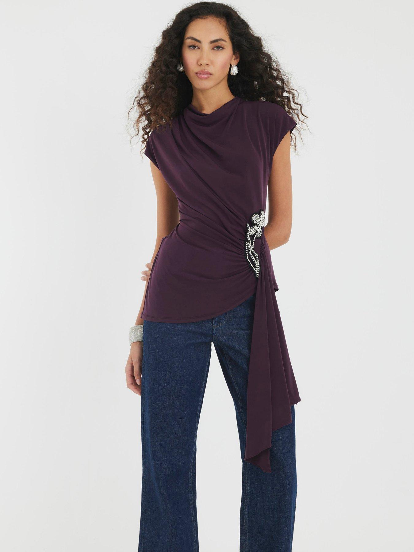 undefined Ss Drape Floral Trim Top