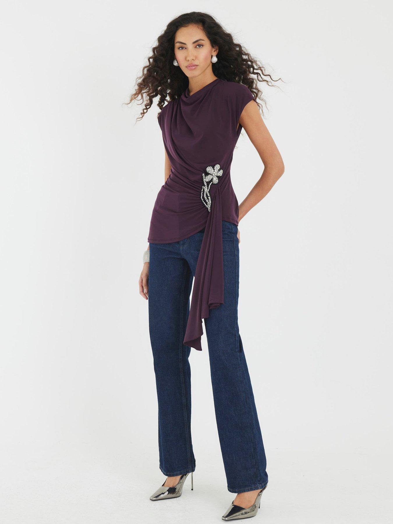 Image 3 of 4 of River Island Short Sleeve Drape Floral Trim Top - Purple