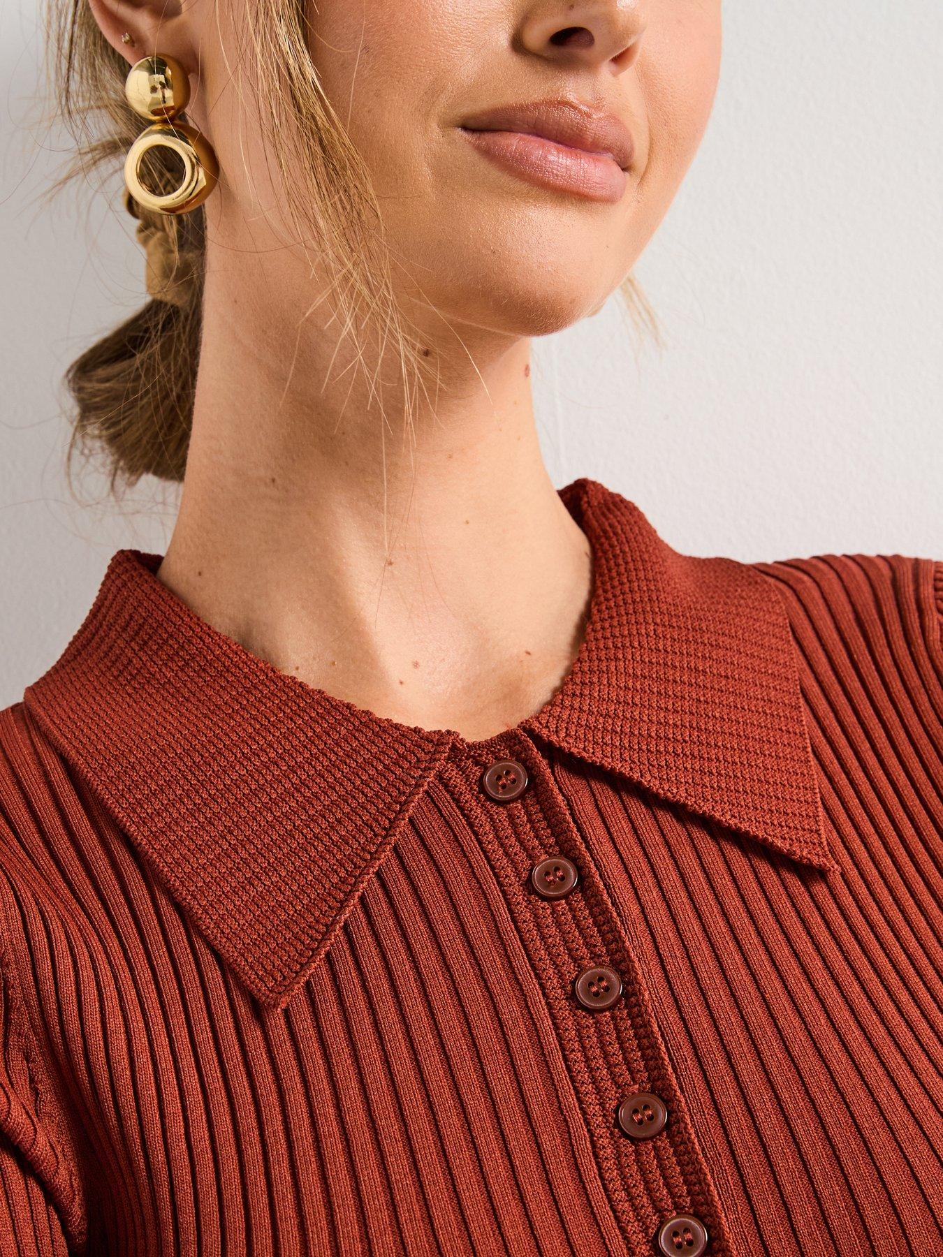 Image 4 of 6 of Mango V-Neck Ribbed Knit Sweater - Red