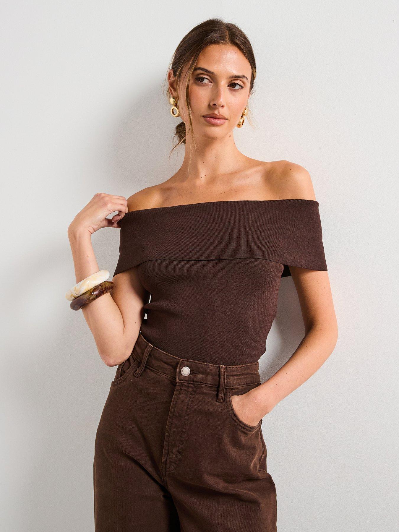 Image 1 of 6 of Mango Strapless Knitted Top - Brown