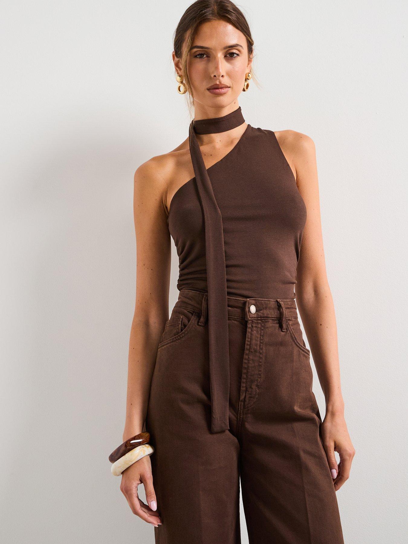 mango-one-shoulder-drape-top-brown