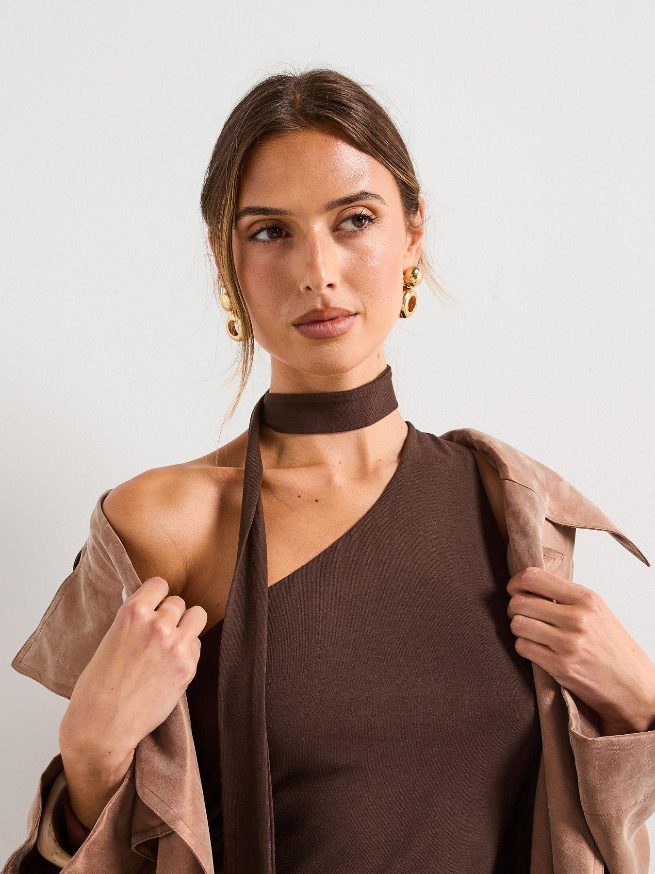Image 5 of 6 of Mango One Shoulder Drape Top - Brown