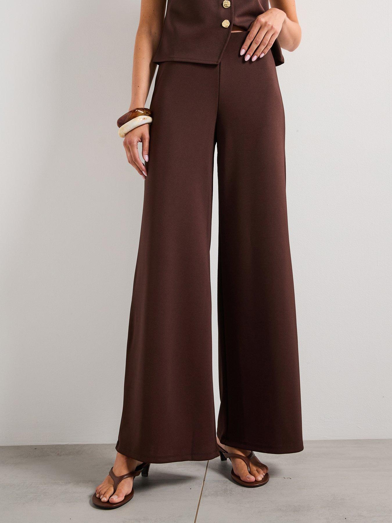 Image 1 of 5 of Mango Straight Fit Trousers with Elastic Waist - Brown