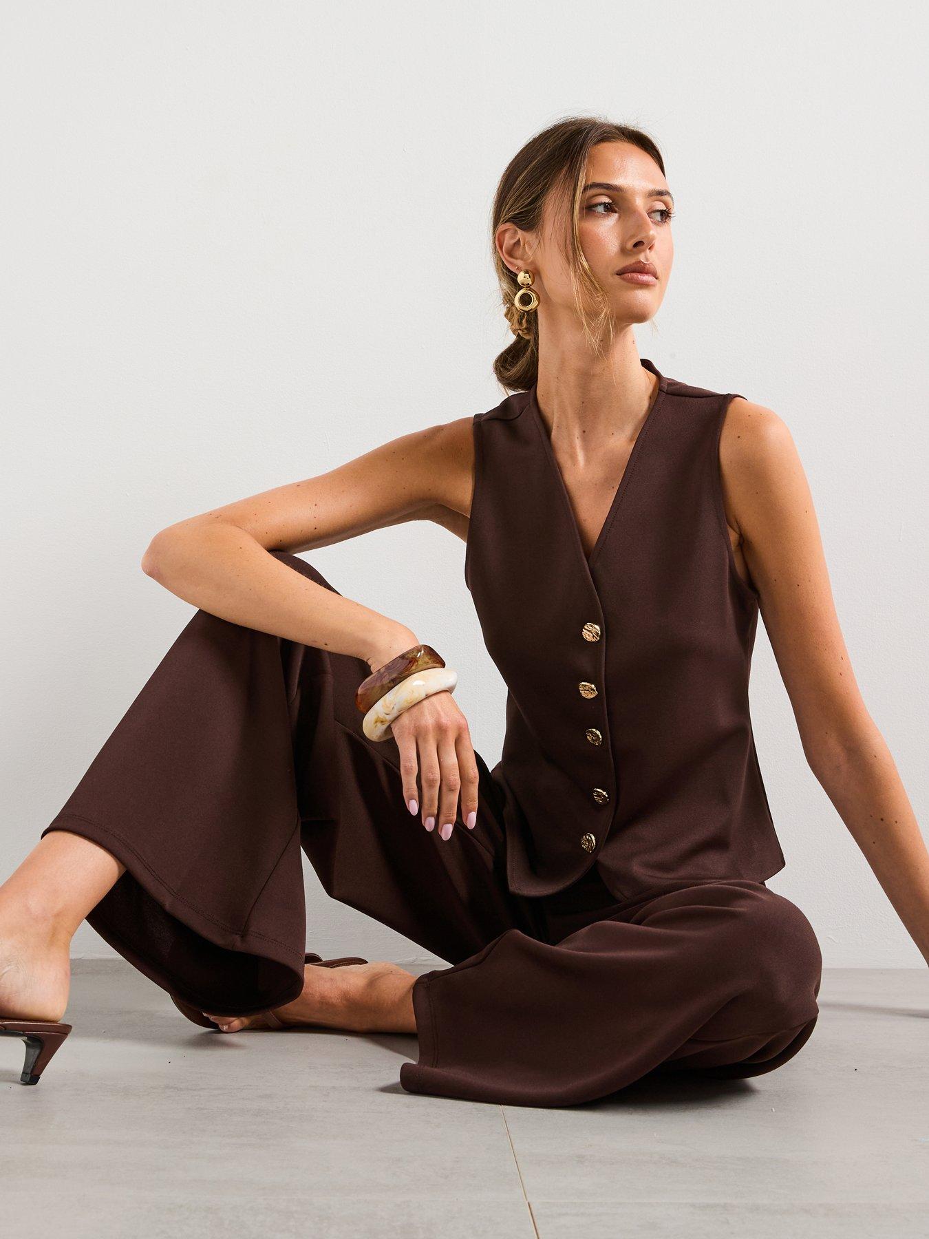 Image 5 of 5 of Mango Straight Fit Trousers with Elastic Waist - Brown