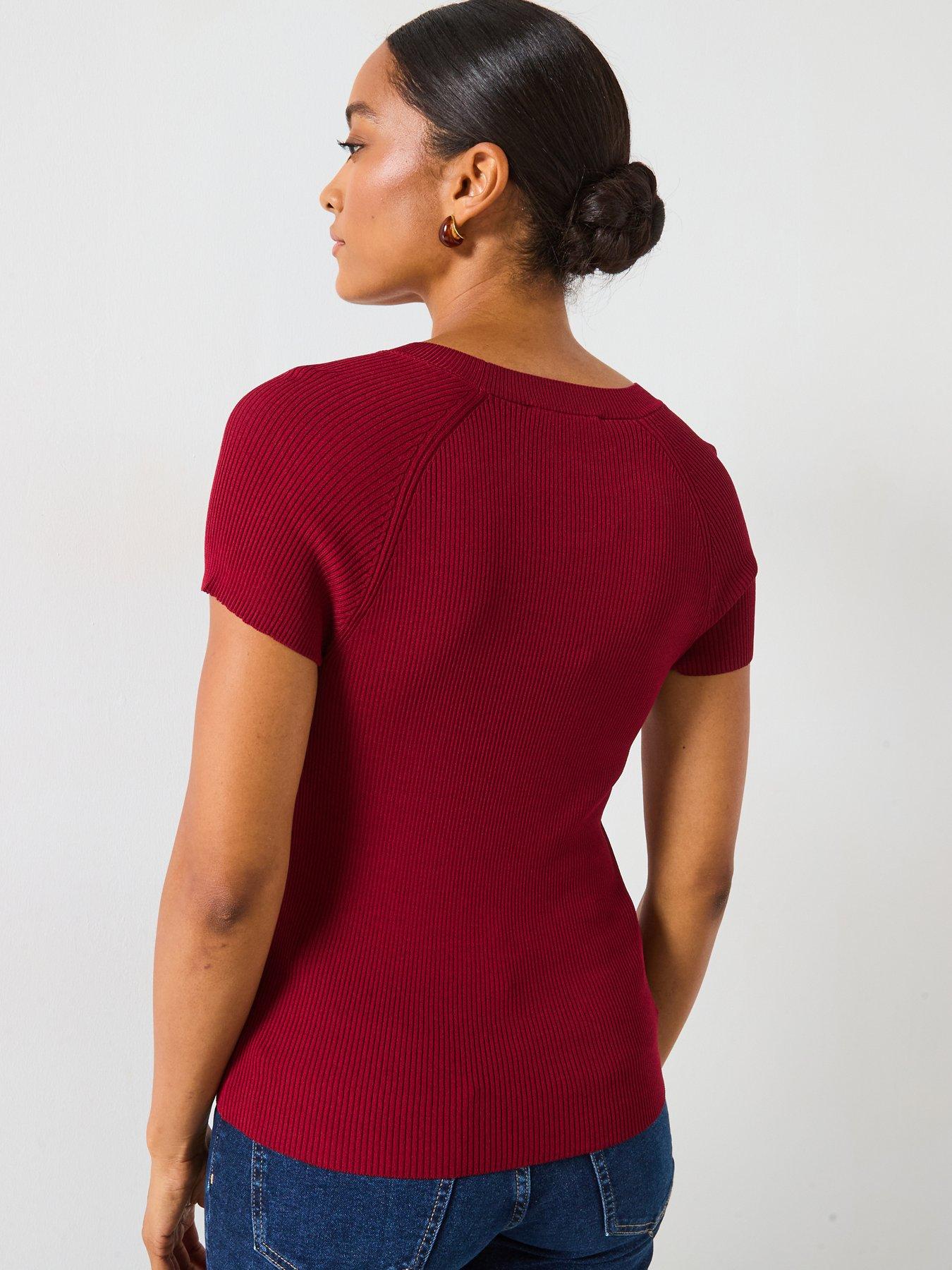 Image 2 of 6 of Mango Ribbed Knit T-Shirt - Red