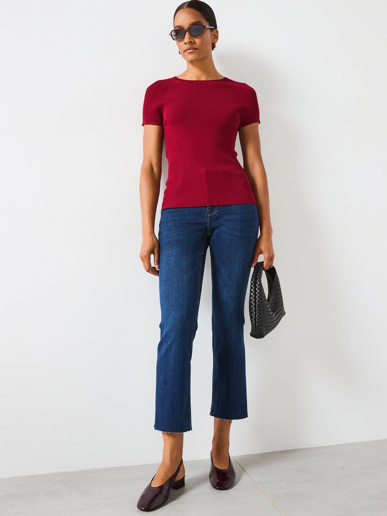 Image 3 of 6 of Mango Ribbed Knit T-Shirt - Red