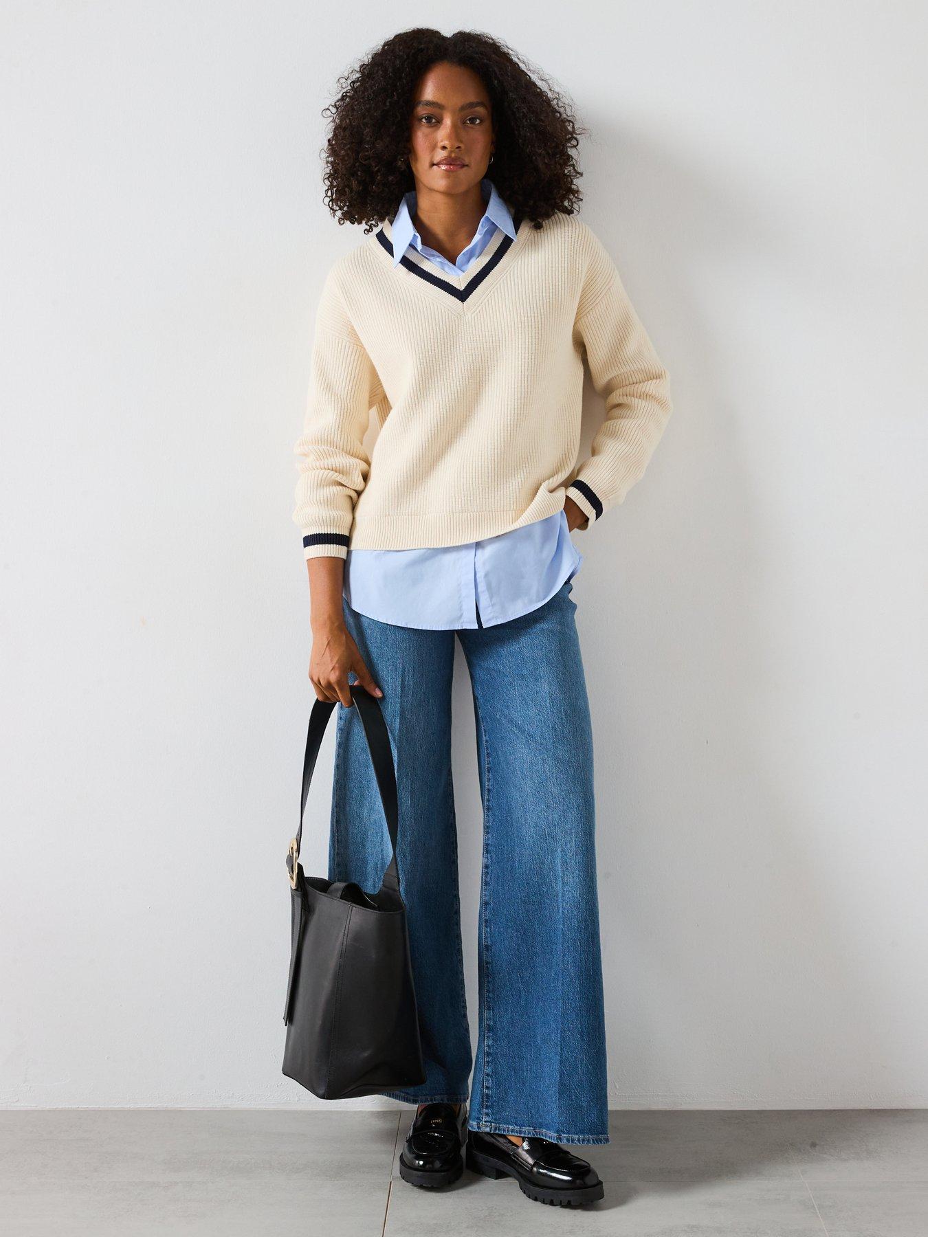 Image 3 of 6 of Mango Shirt Detail Jumper&nbsp; - Beige