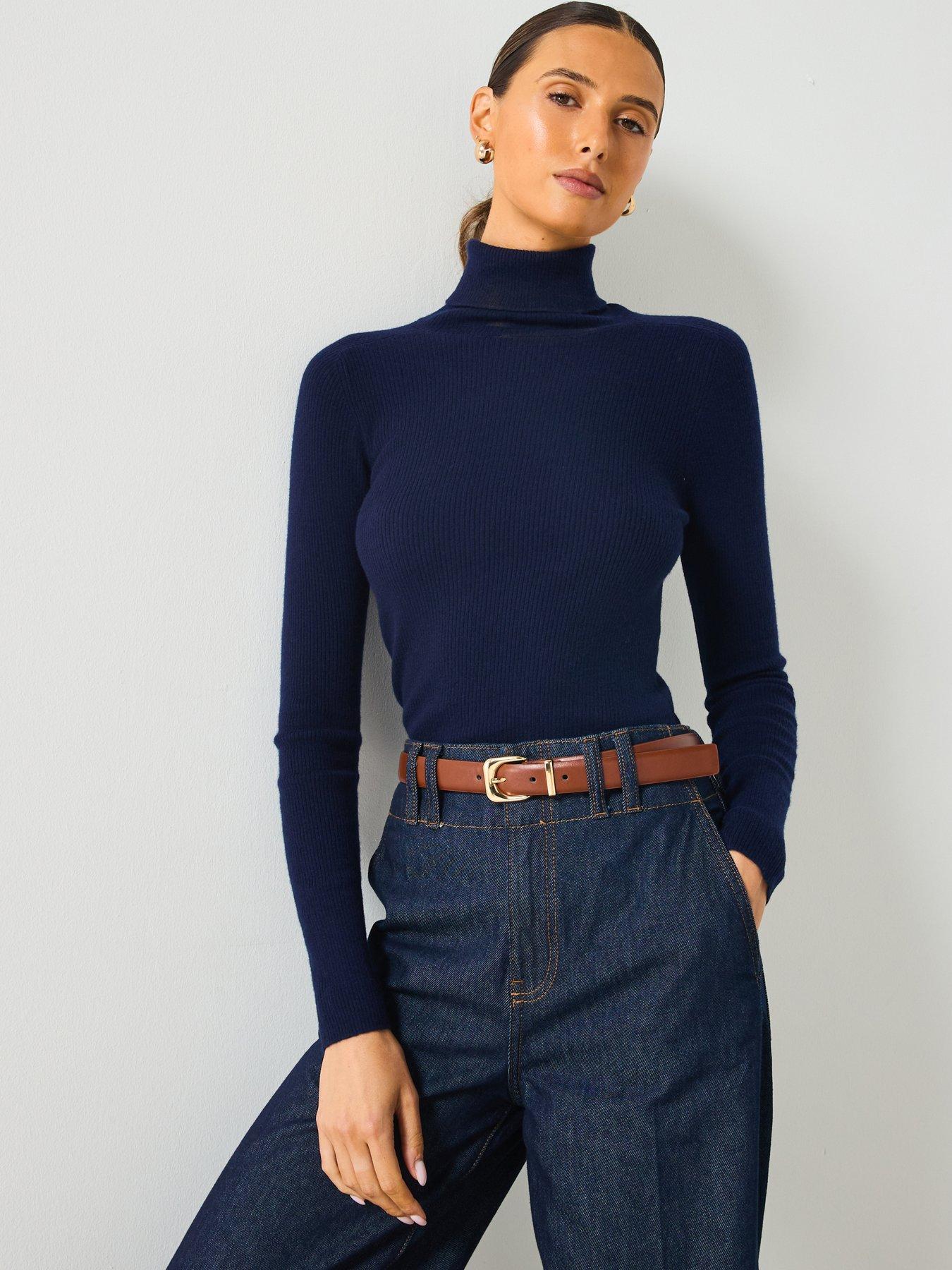undefined Roll Neck Fine Knit Jumper - Navy