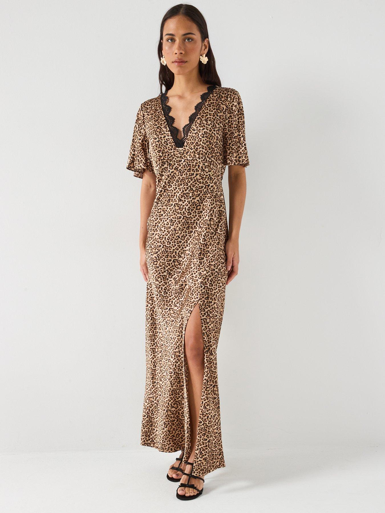 Image 1 of 6 of Guess Short Sleeve Martine Split Long Dress - Brown