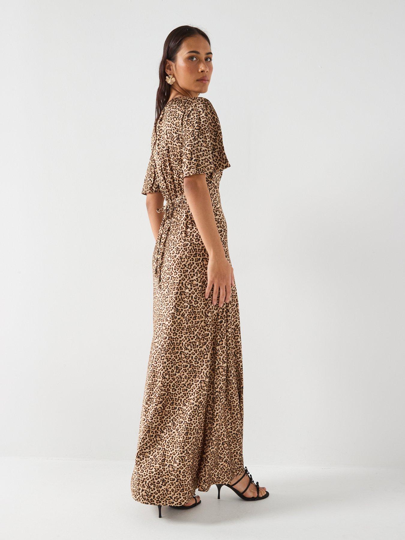 Image 3 of 6 of Guess Short Sleeve Martine Split Long Dress - Brown
