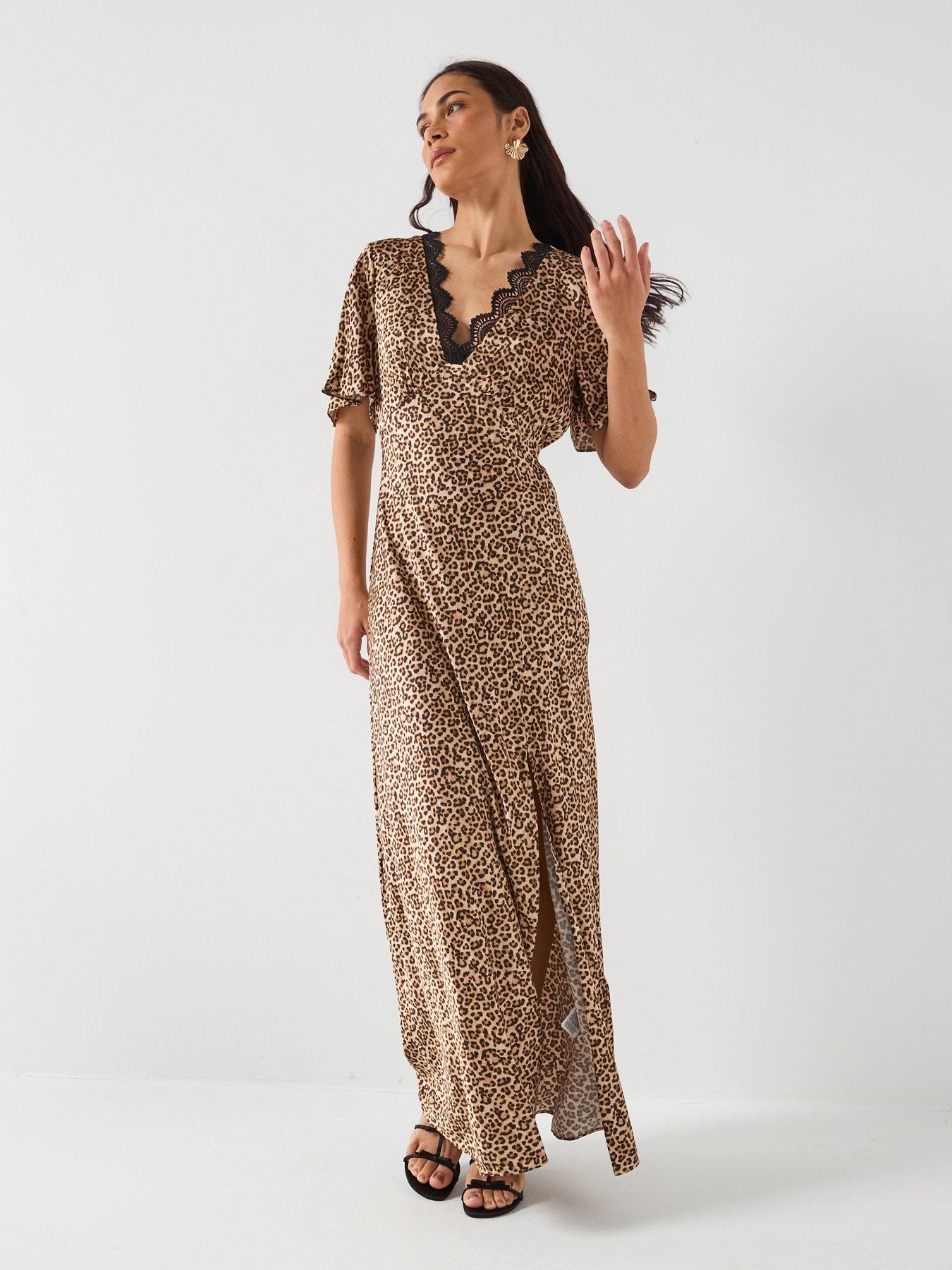  image of guess-short-sleeve-martine-split-long-dress-brown