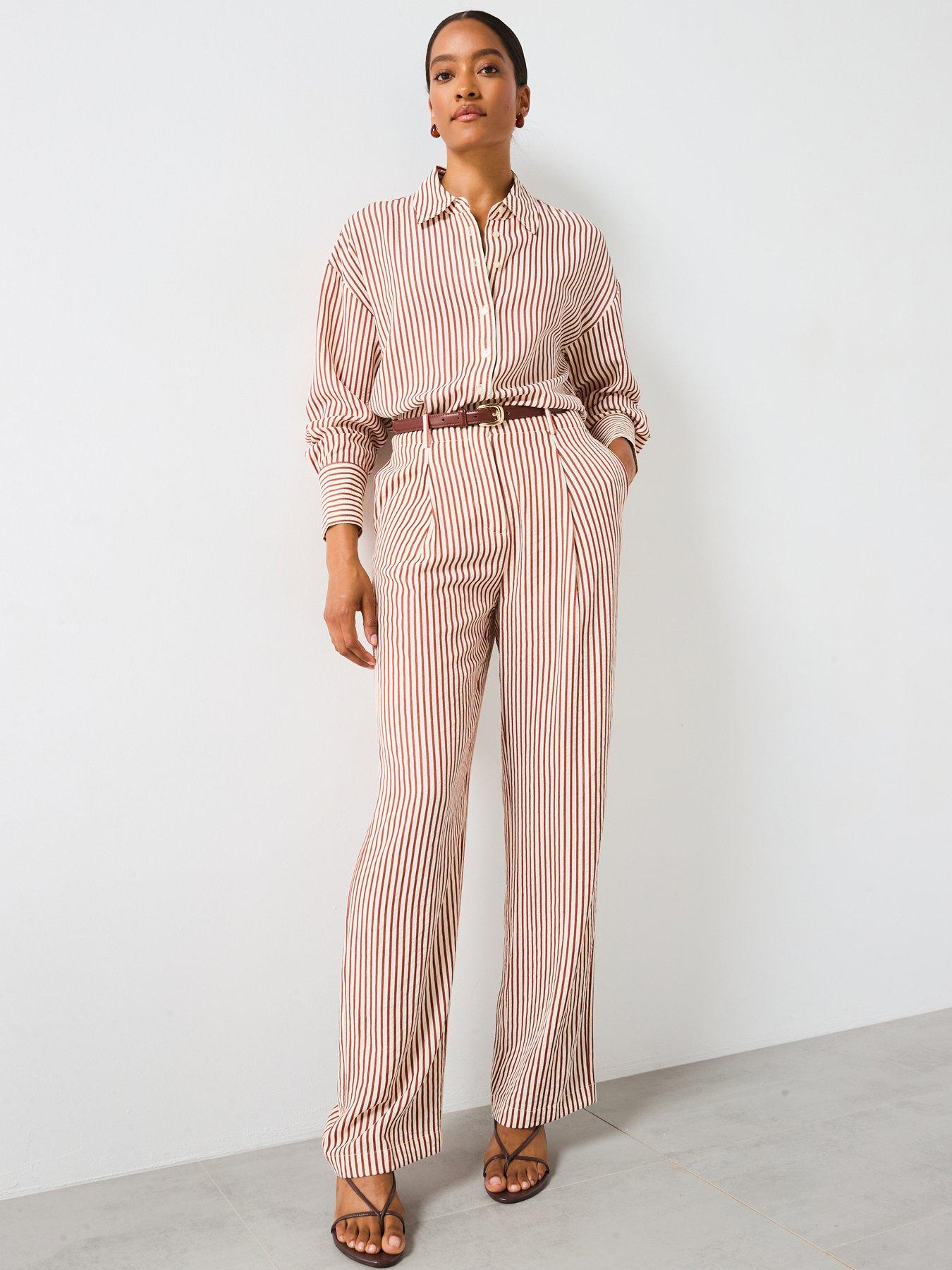Mango Pleated Striped Trousers - Orange
