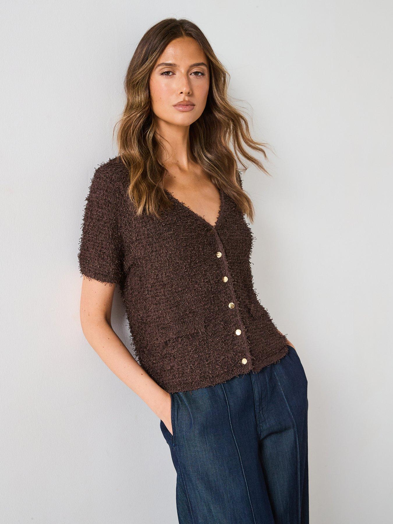 Mango Short Sleeved Boucle Cardigan - Brown