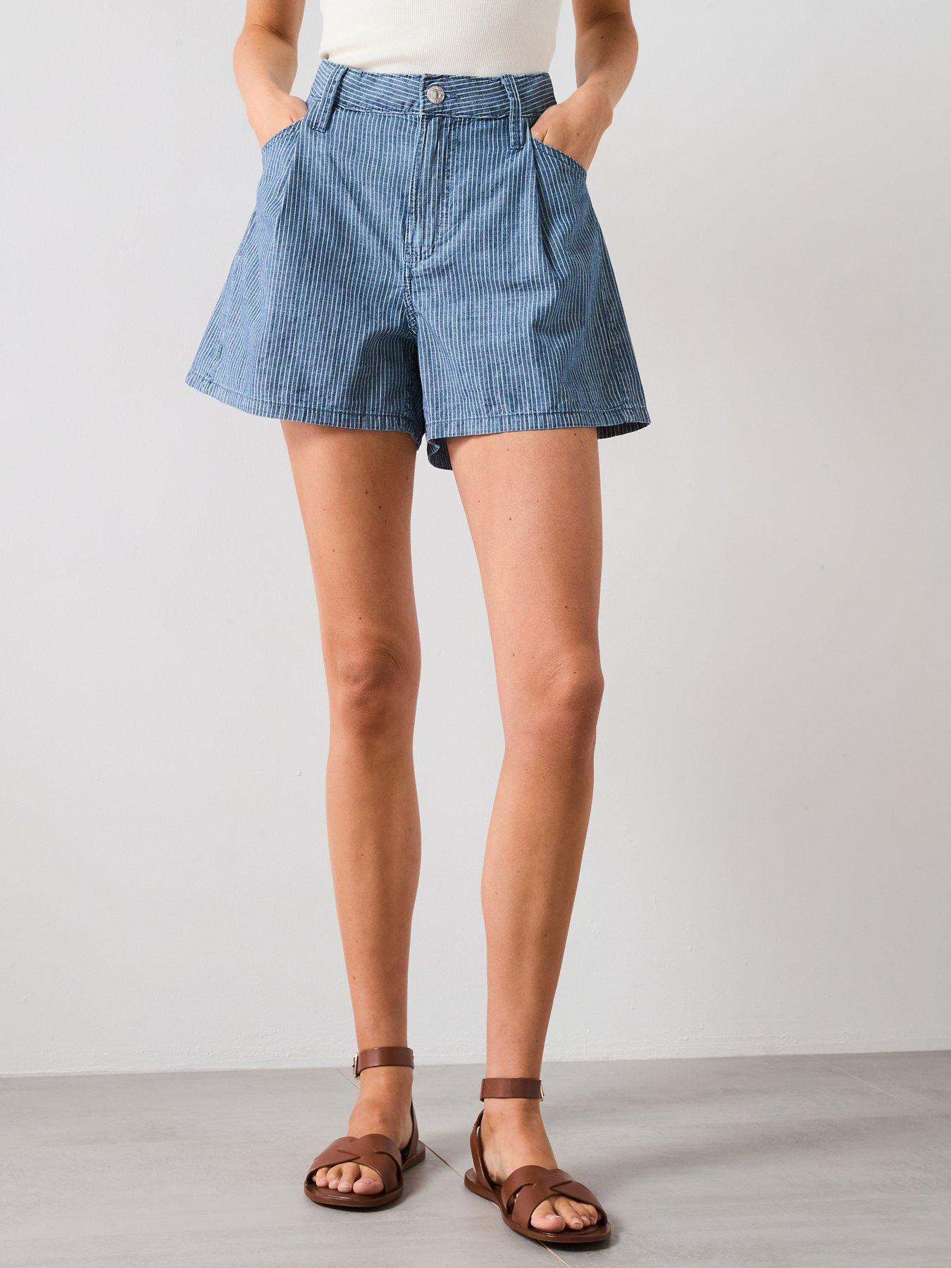undefined Mid Rise Striped Denim Shorts - Blue