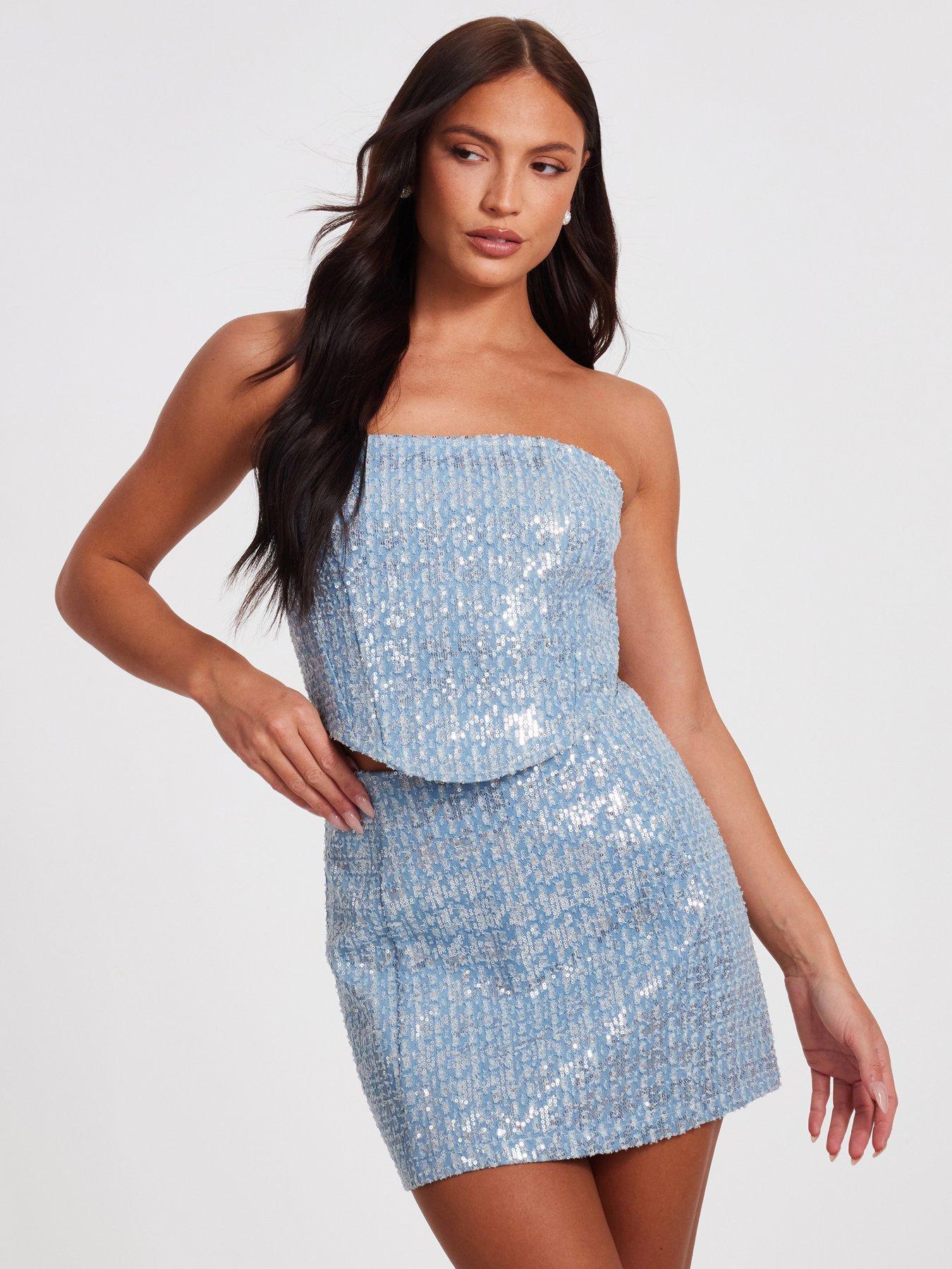 undefined Blue Sequin Denim Bandeau Top
