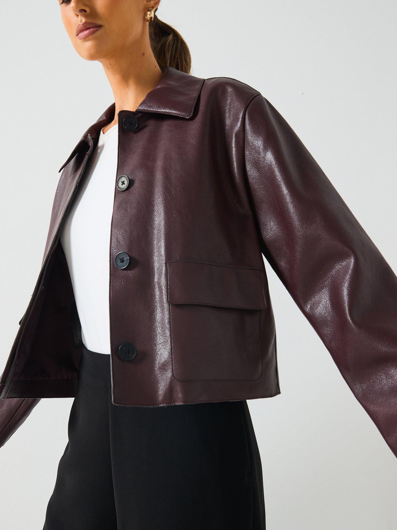 Image 4 of 6 of Mango Leather Effect Jacket With Pockets - Red