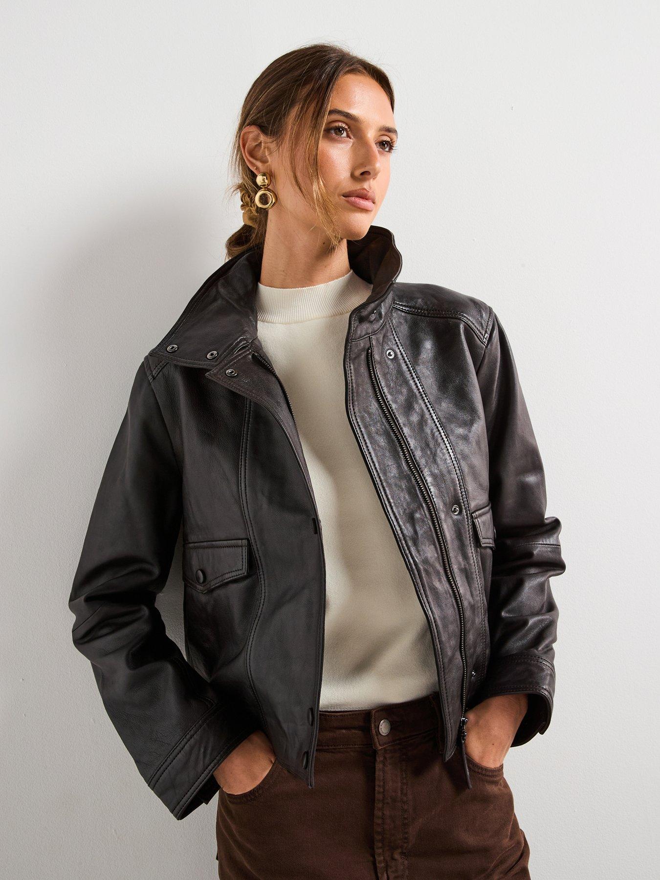 Image 1 of 6 of Mango High Collar Leather Jacket - Brown