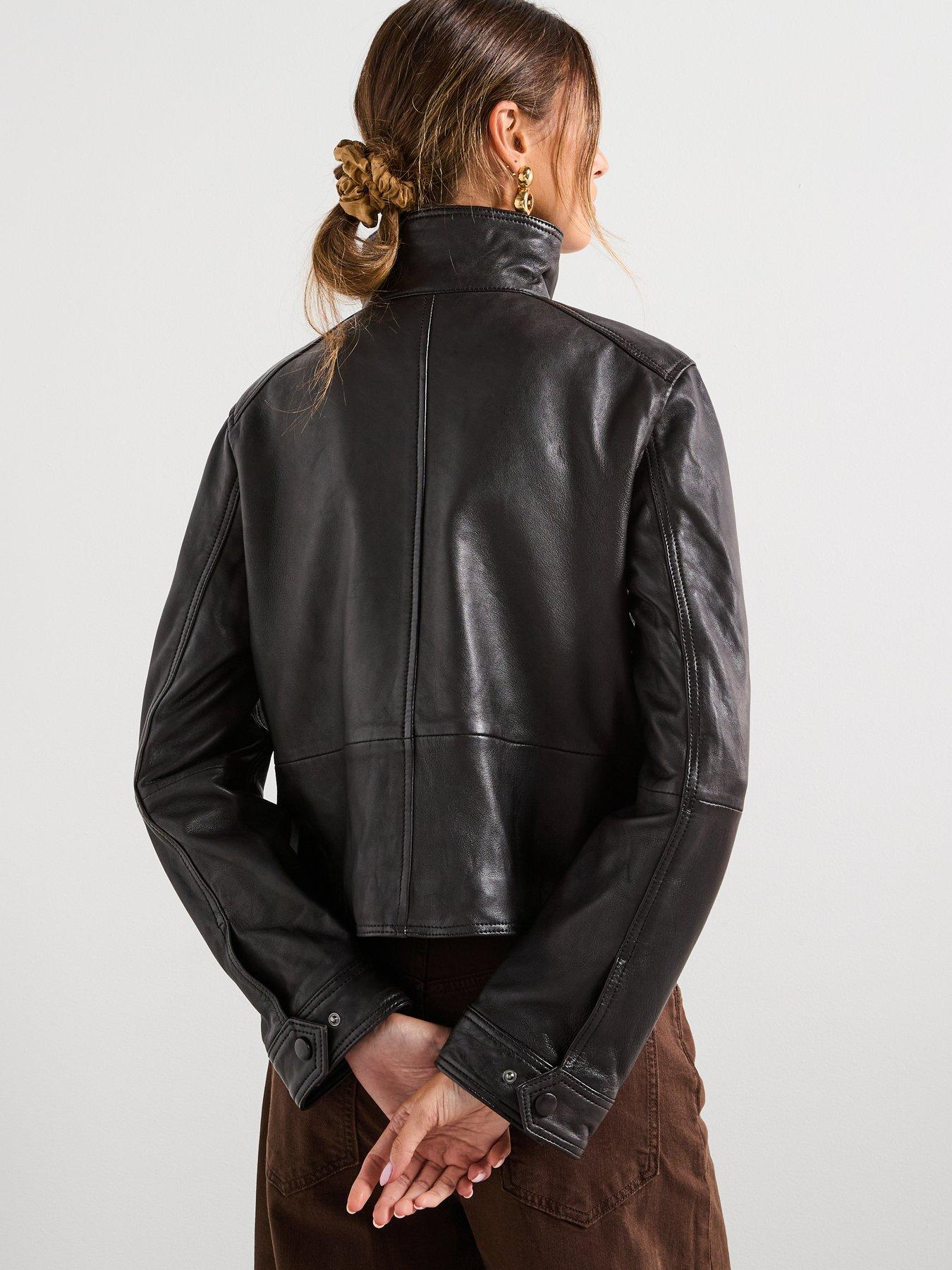 Image 2 of 6 of Mango High Collar Leather Jacket - Brown
