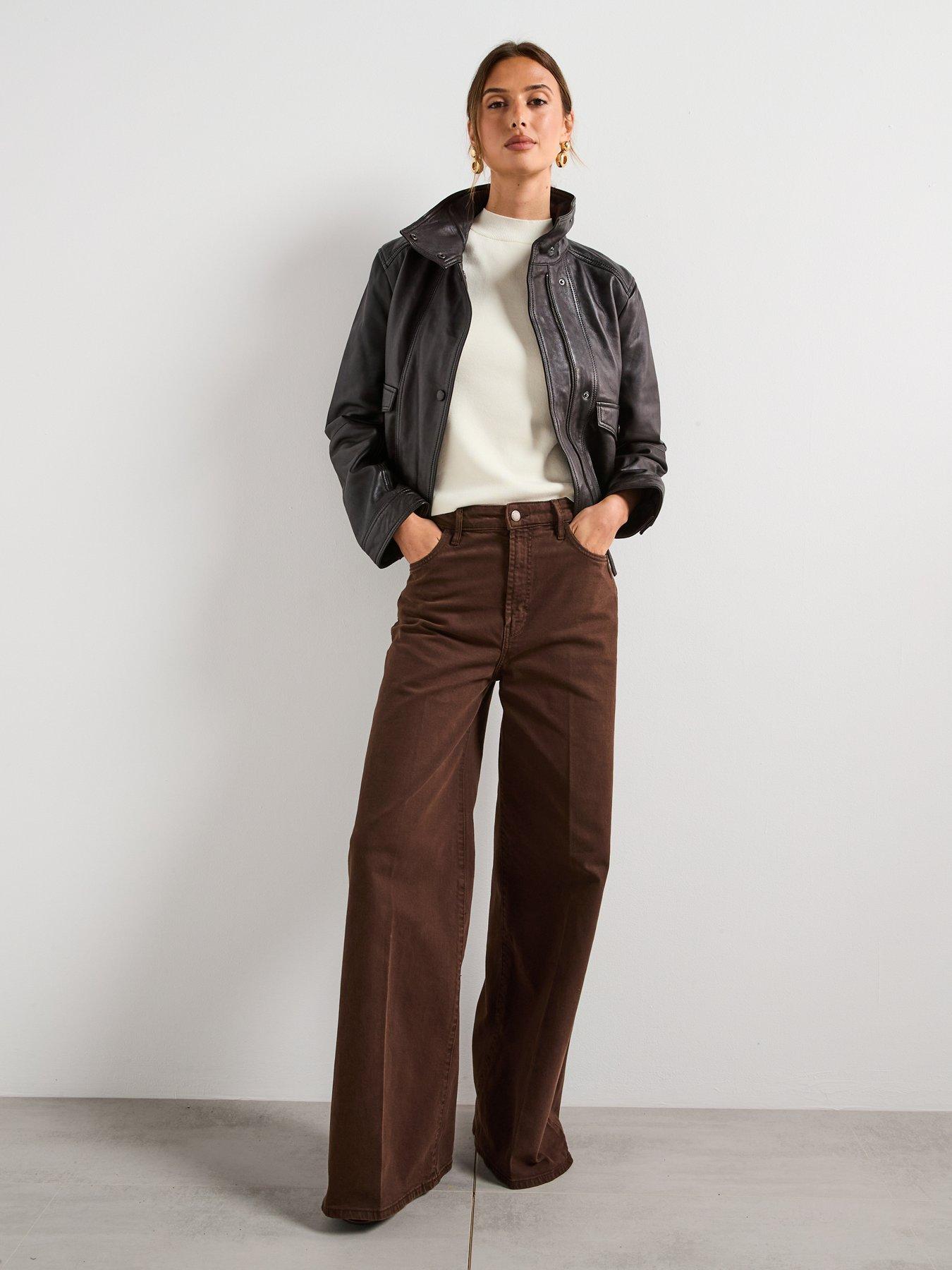 Image 3 of 6 of Mango High Collar Leather Jacket - Brown