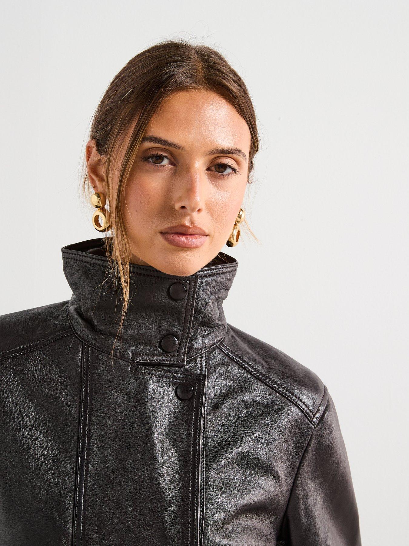 Image 4 of 6 of Mango High Collar Leather Jacket - Brown