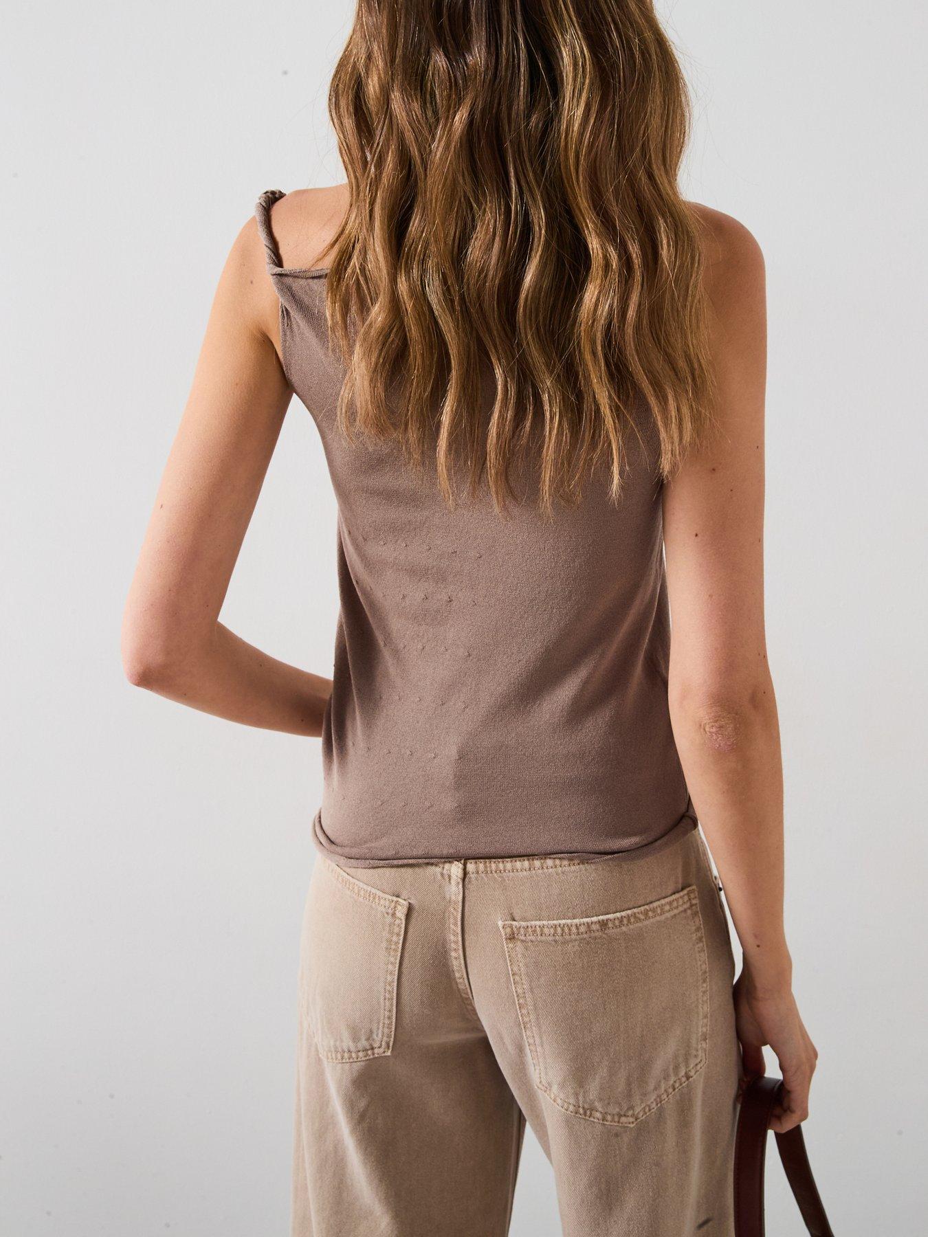 Image 2 of 6 of Mango Asymmetrical Knitted Top With Straps - Beige