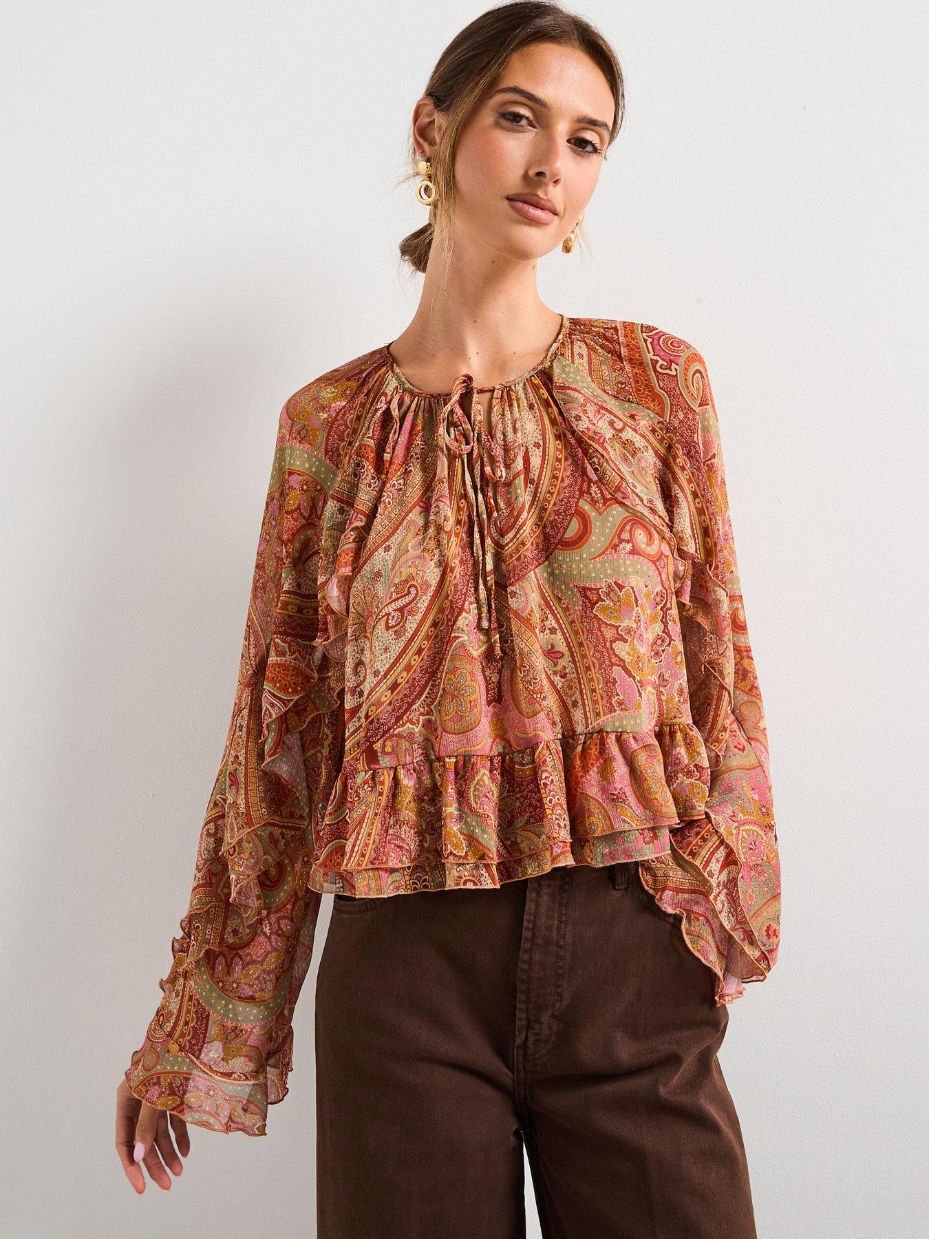 Mango Ruffles Printed Blouse - Brown