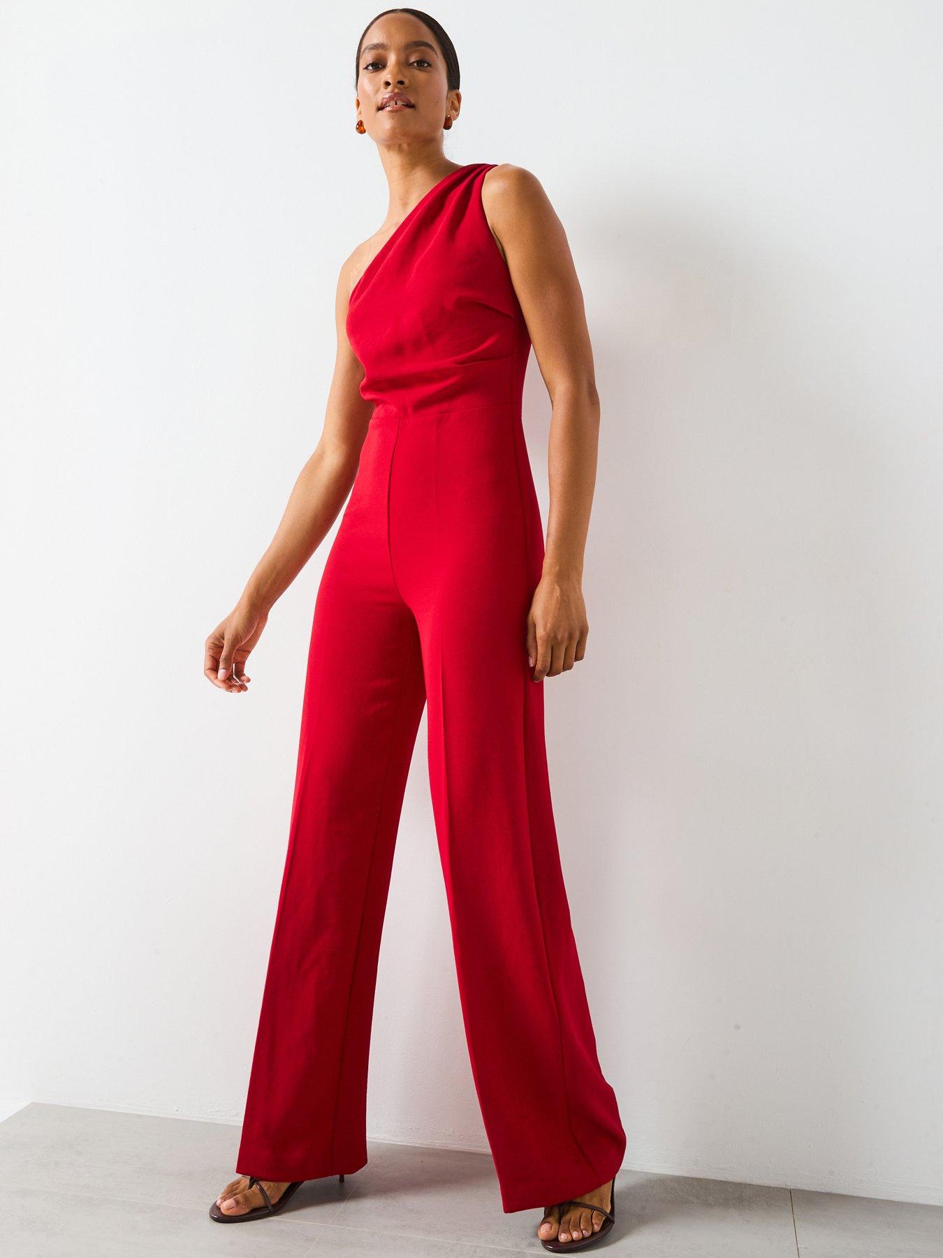 Image 1 of 6 of Mango One Shoulder Jumpsuit - Red