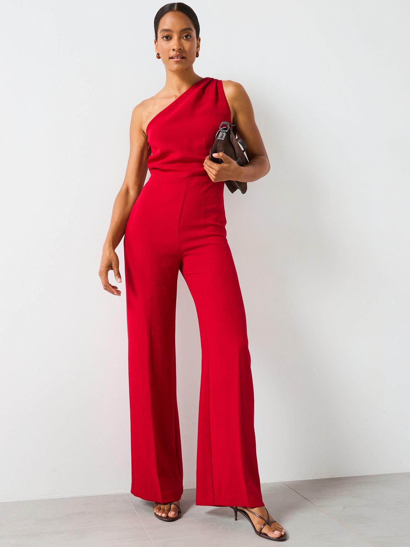 Image 5 of 6 of Mango One Shoulder Jumpsuit - Red