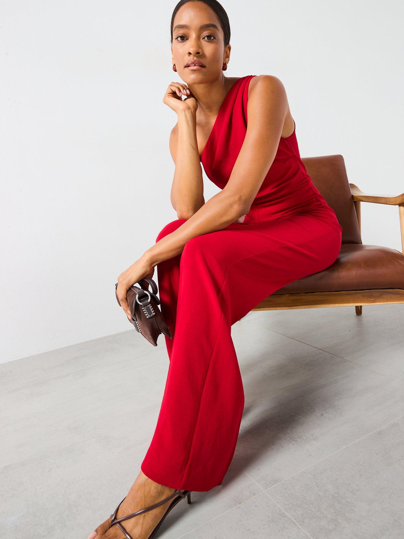 Image 6 of 6 of Mango One Shoulder Jumpsuit - Red
