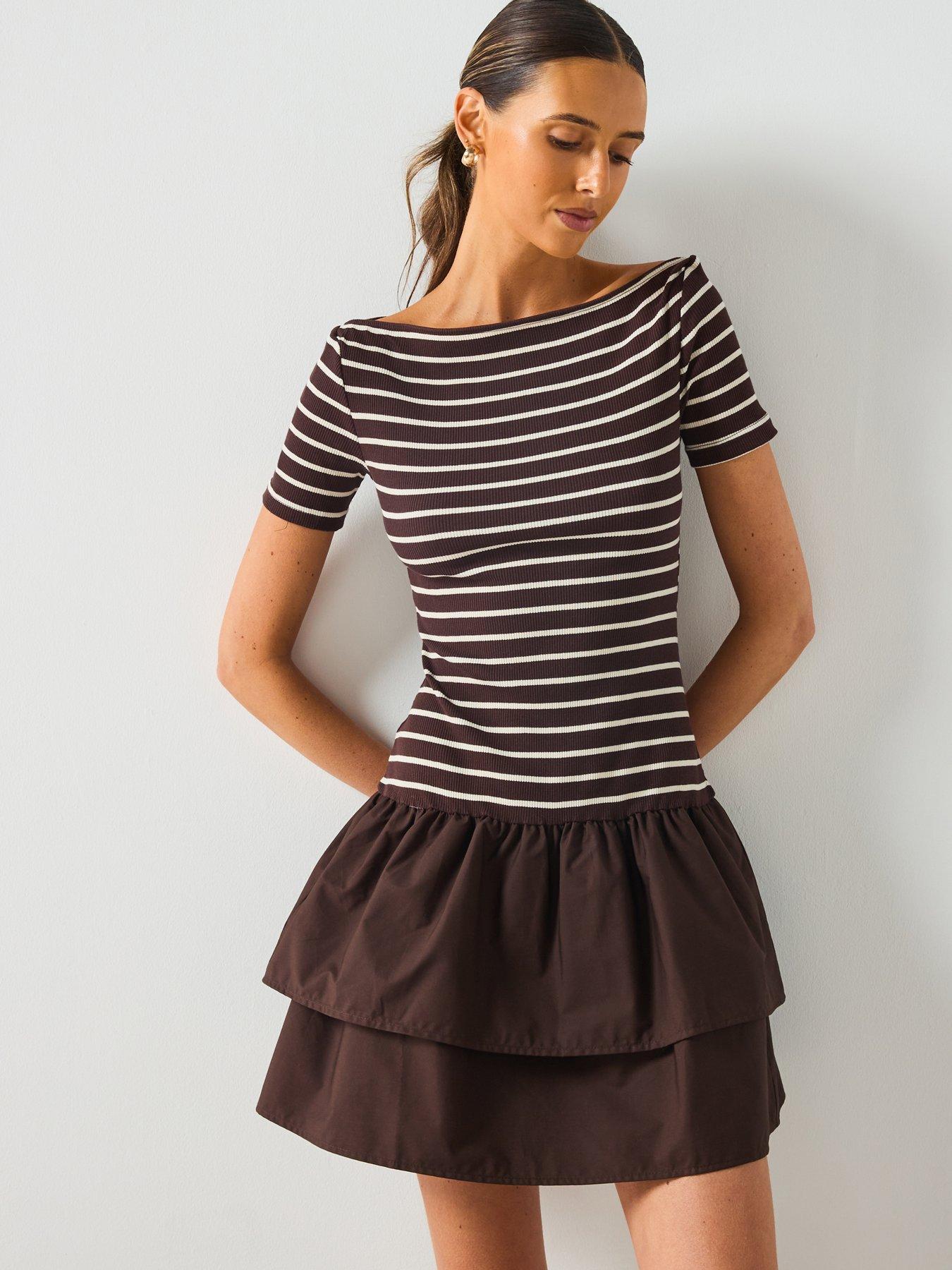 Image 1 of 5 of Mango Mixed Striped Dress - Brown