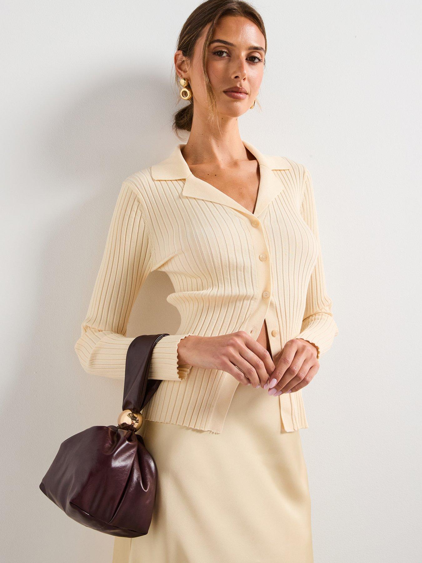 Mango Ribbed Lapel Cardigan - Cream