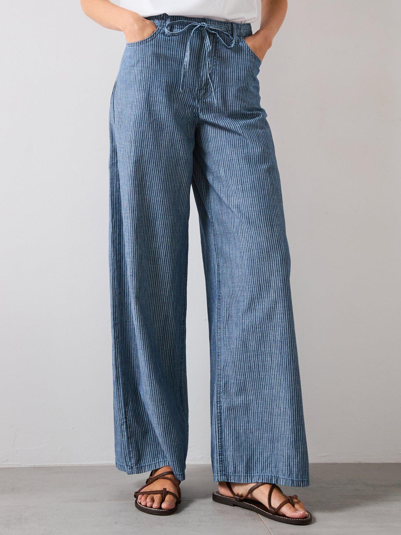 Image 1 of 5 of Mango Wide Leg Denim Trousers With Belt - Blue