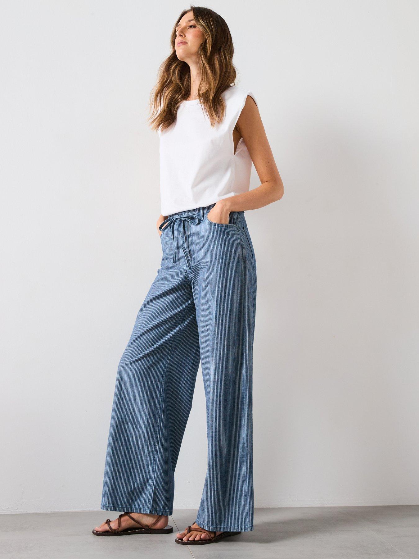 Image 3 of 5 of Mango Wide Leg Denim Trousers With Belt - Blue