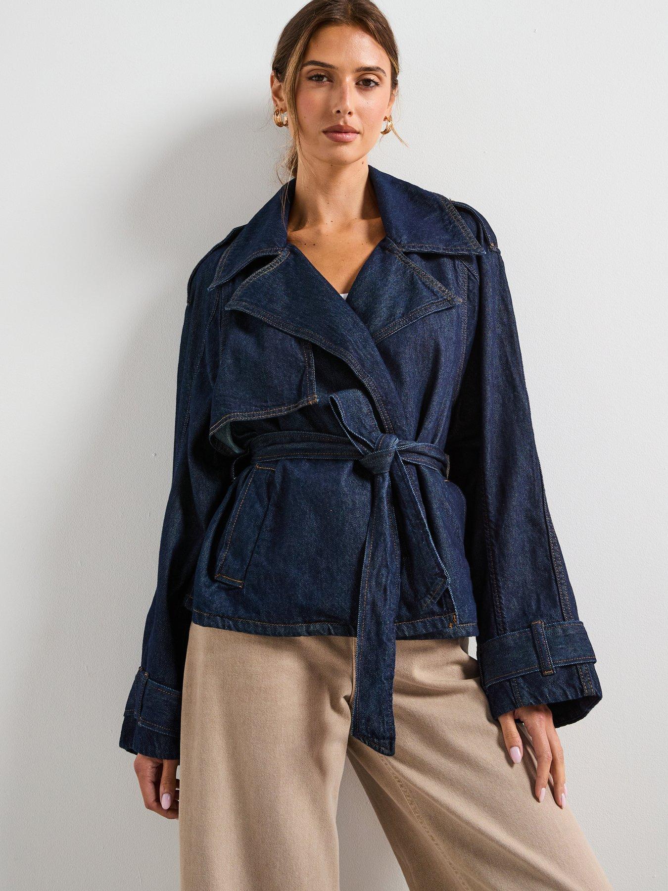 undefined Short Denim Trench Coat With Belt - Blue